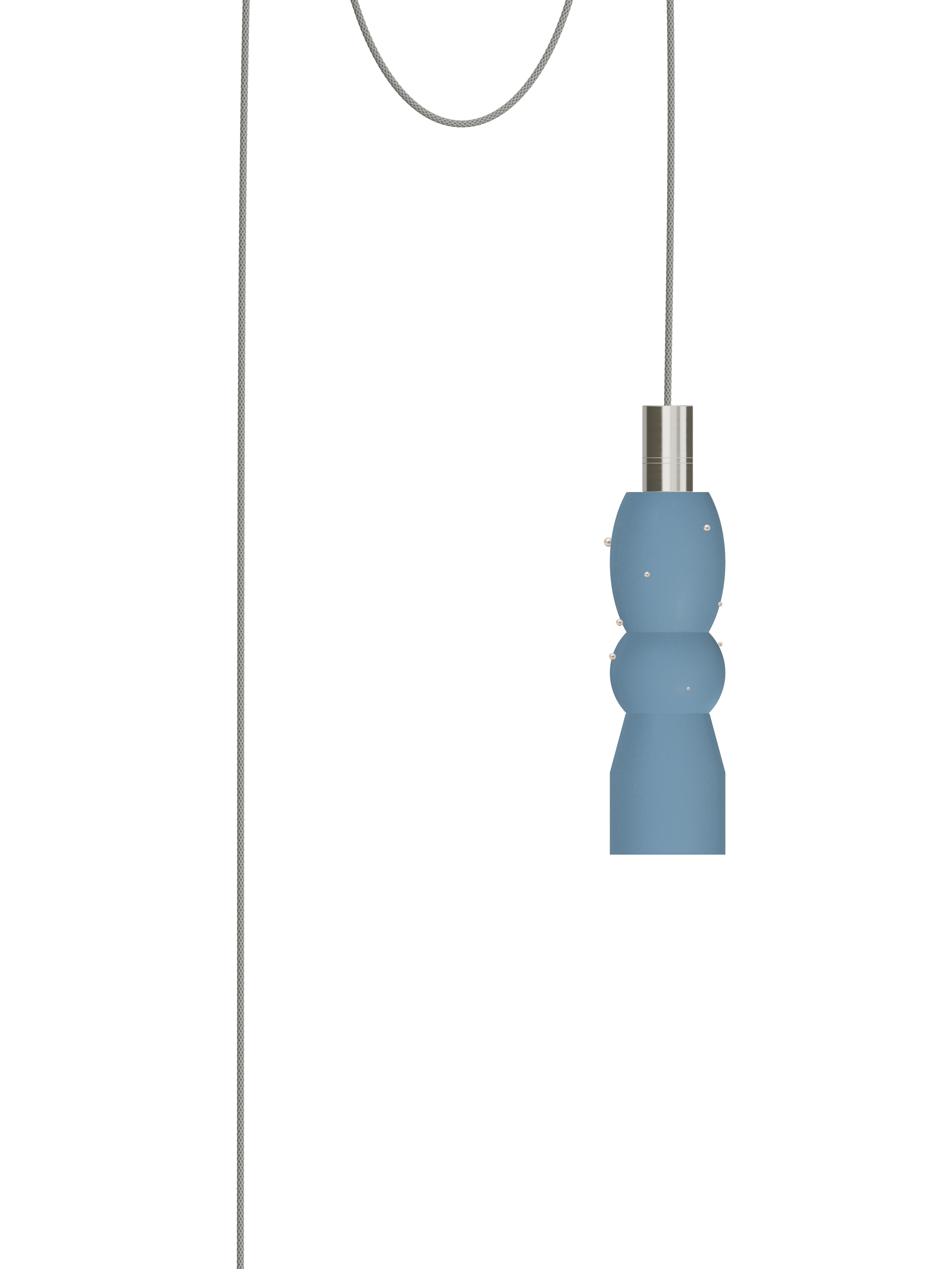 Guest Star Quiche single pendant with blue shapes with pearl details and nickel hardware; plug-in version, light off.
