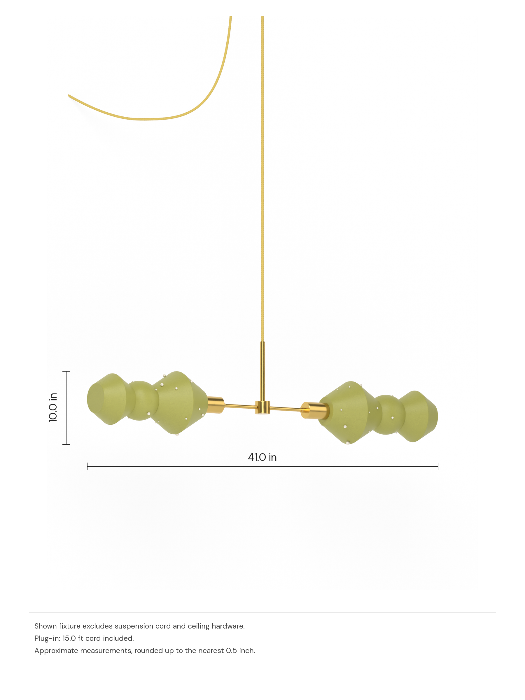 Viv Eavesdropper in French Monk with Pearl details with brass hardware, plug-in. Dimension drawing: 10.0 in high × 41.0 in wide, excluding flexible cords.