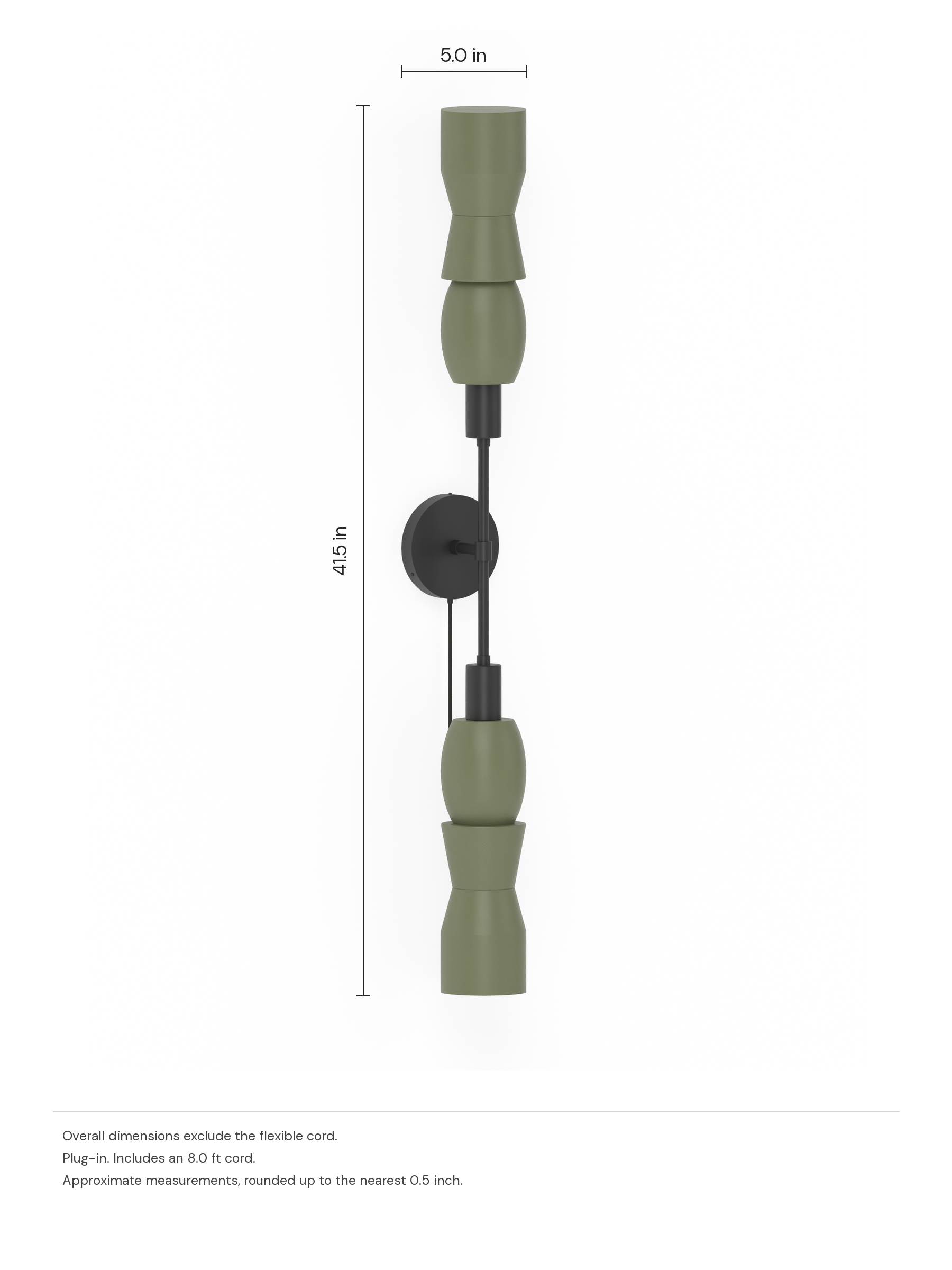 Major Plus One in Dark Green with black hardware, plug-in. Dimension drawing: 41.5 in high × 5.0 in wide, excluding flexible cords.