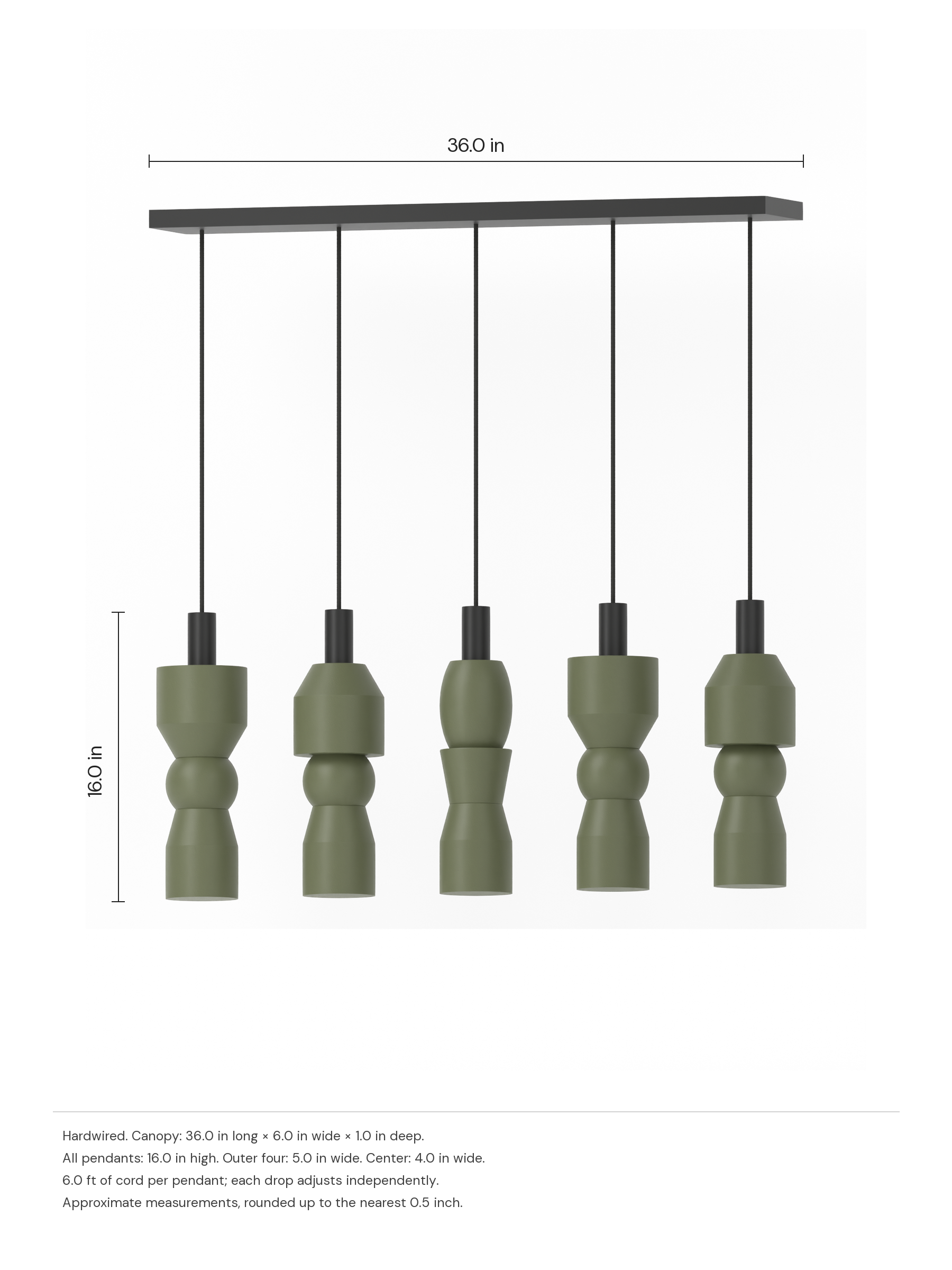 Major Runway 5 in Dark Green with black hardware, hardwired. Dimension drawing: 36.0 in canopy, 16.0 in pendant height.