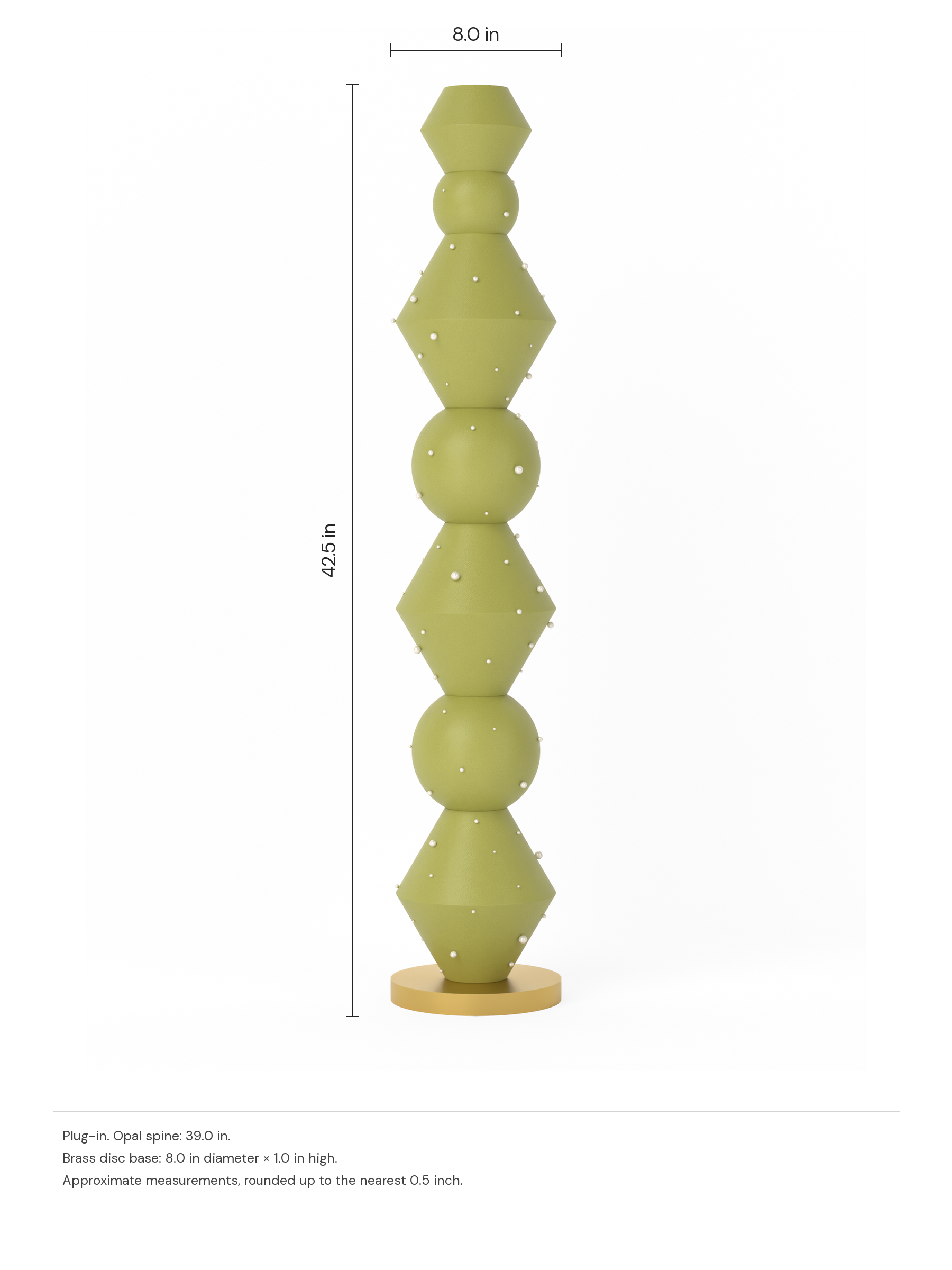 Viv Totem 39 in French Monk with Pearl details and a brass disc base. Dimension drawing: 42.5 in high × 8.0 in wide, excluding flexible cords.