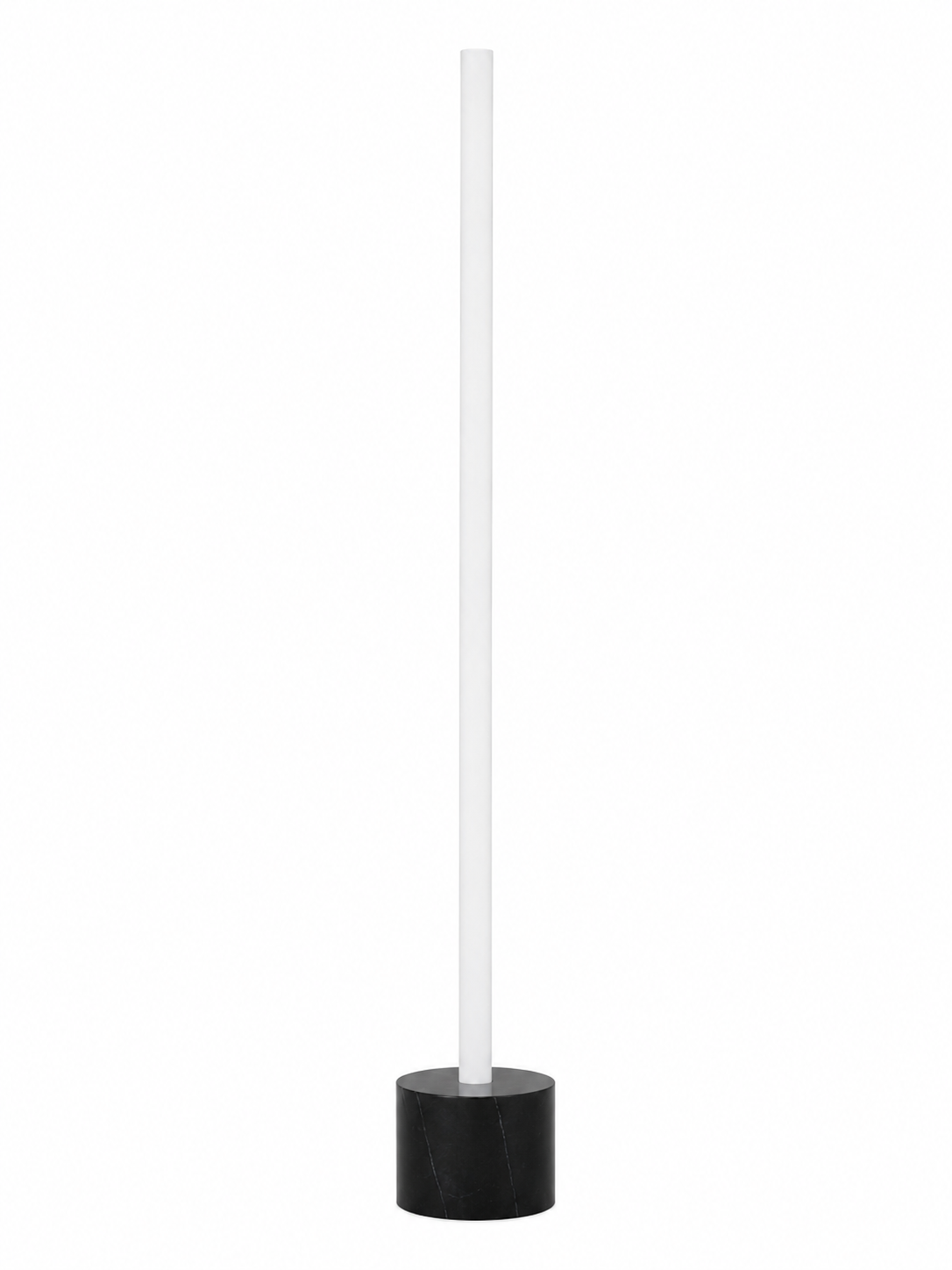 Eldon Trace Column lamp in black marble, a warm white lit column on a 5 inch black marble drum base