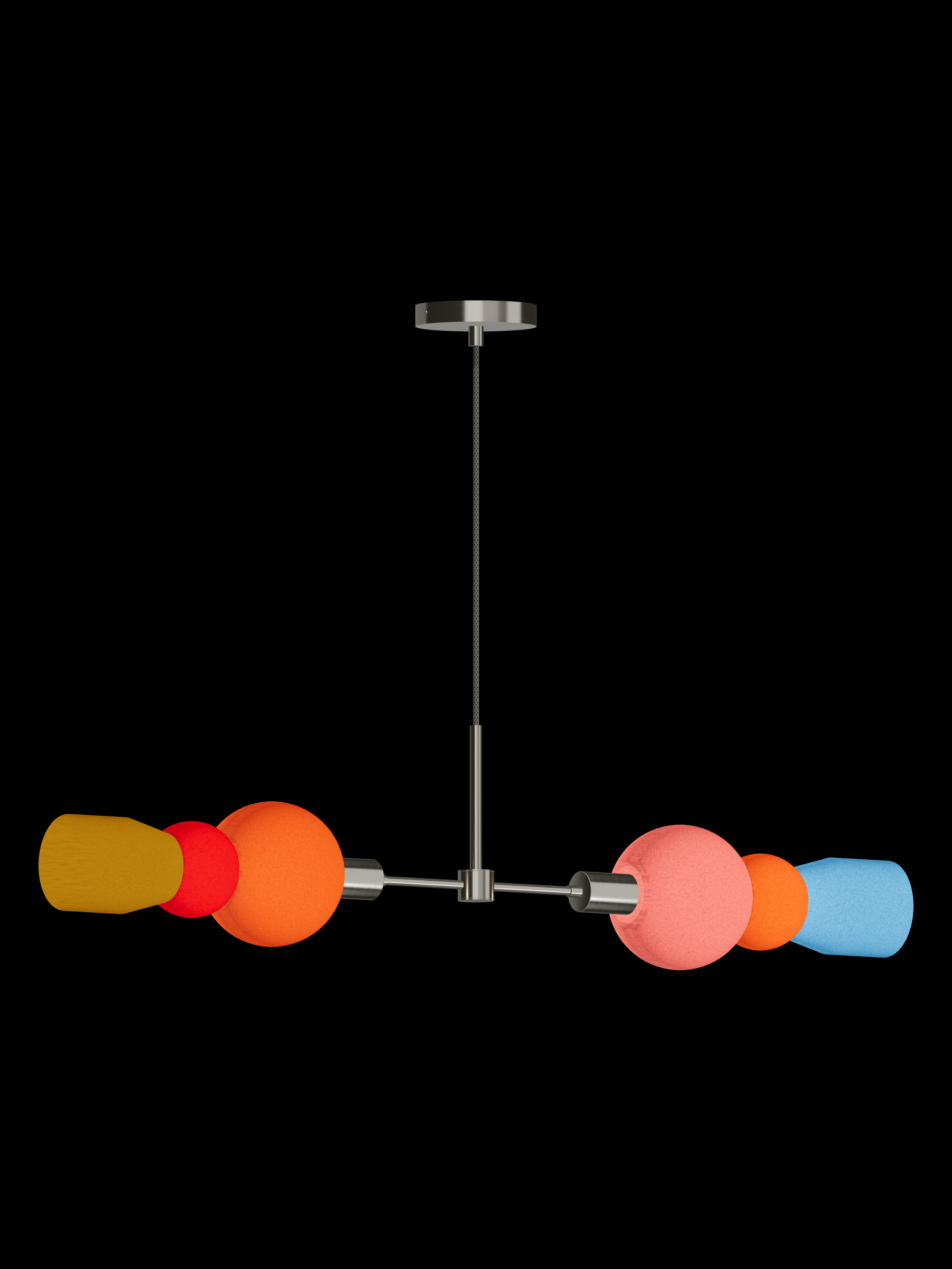 Benny Eavesdropper horizontal pendant with illuminated multicolor shapes and nickel hardware; hardwired version.