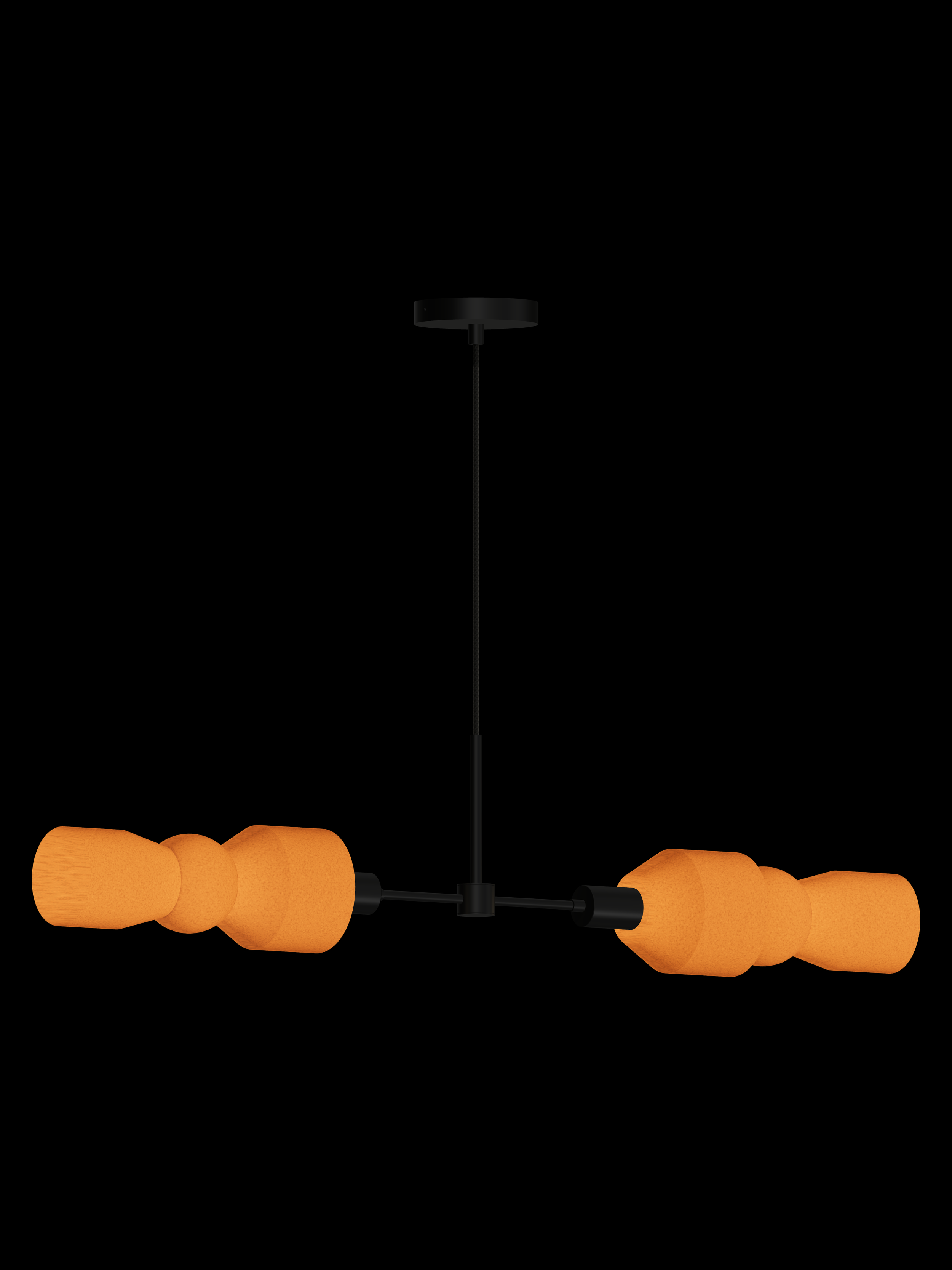 Major Eavesdropper horizontal pendant with shapes glowing orange and black hardware; hardwired version.