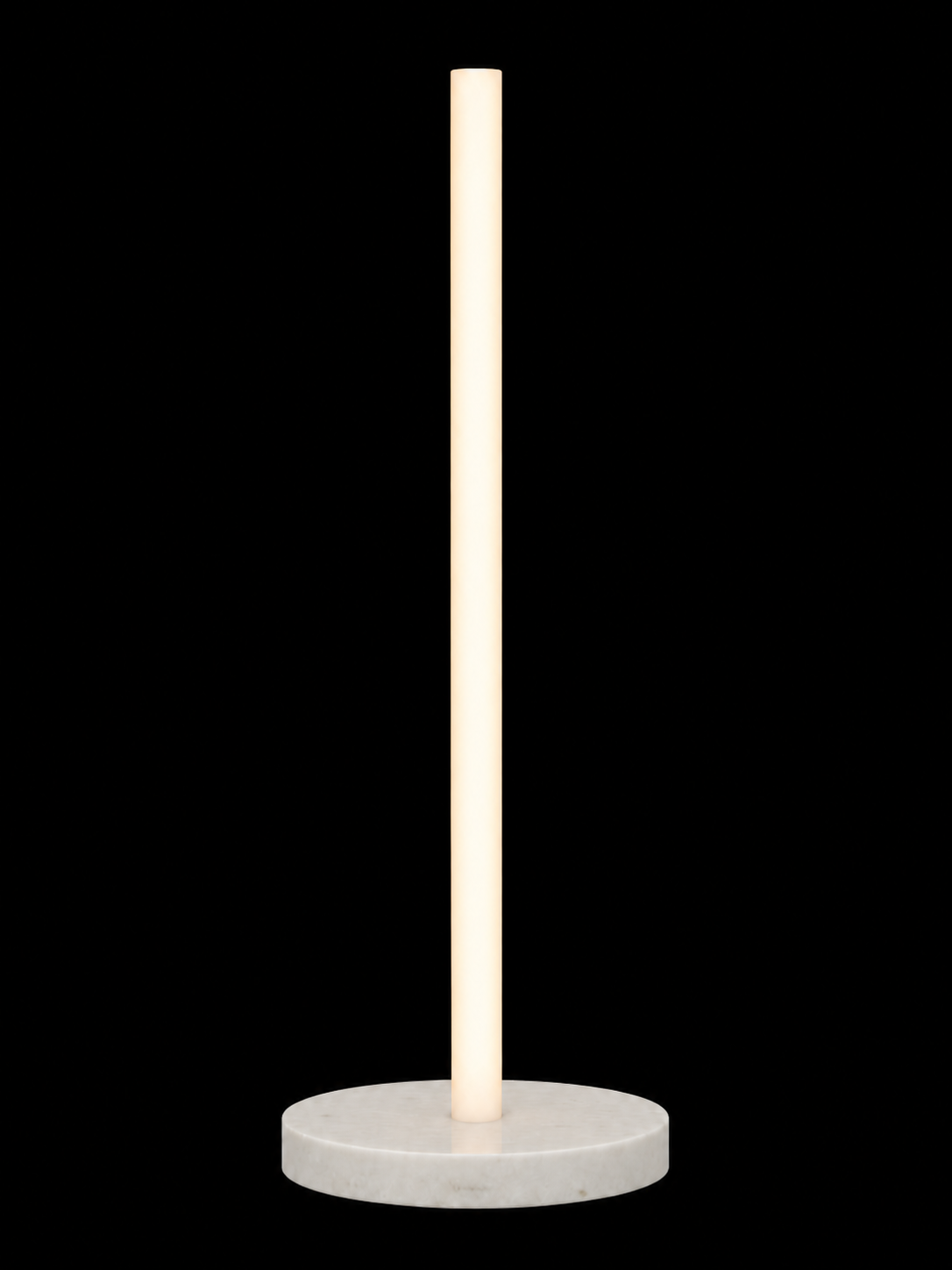 Eldon Trace Column lamp in black marble, a warm white lit column on a round black marble disc base.