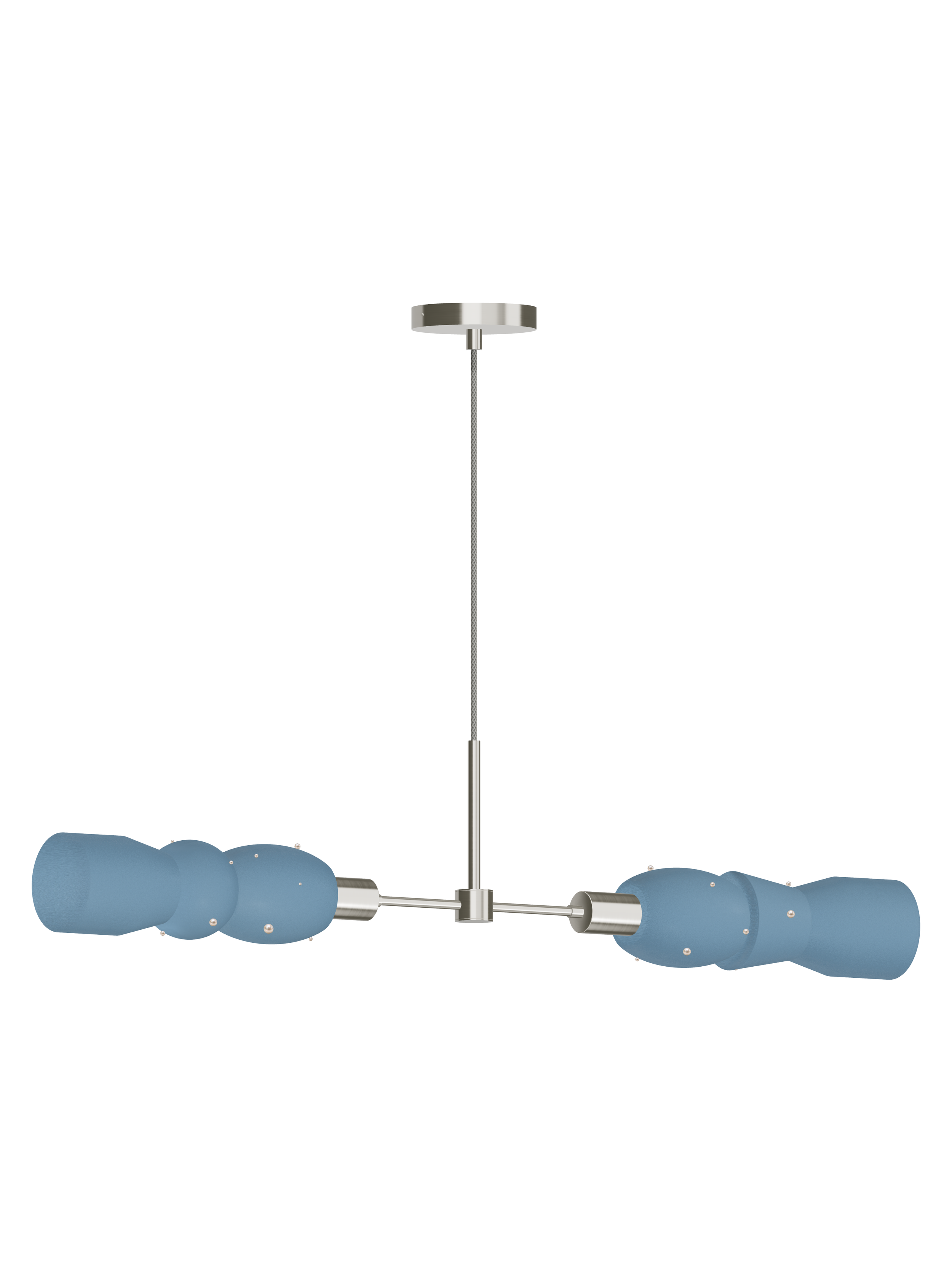 Guest Star Eavesdropper horizontal pendant with blue shapes with pearl details and nickel hardware; hardwired version, light off.