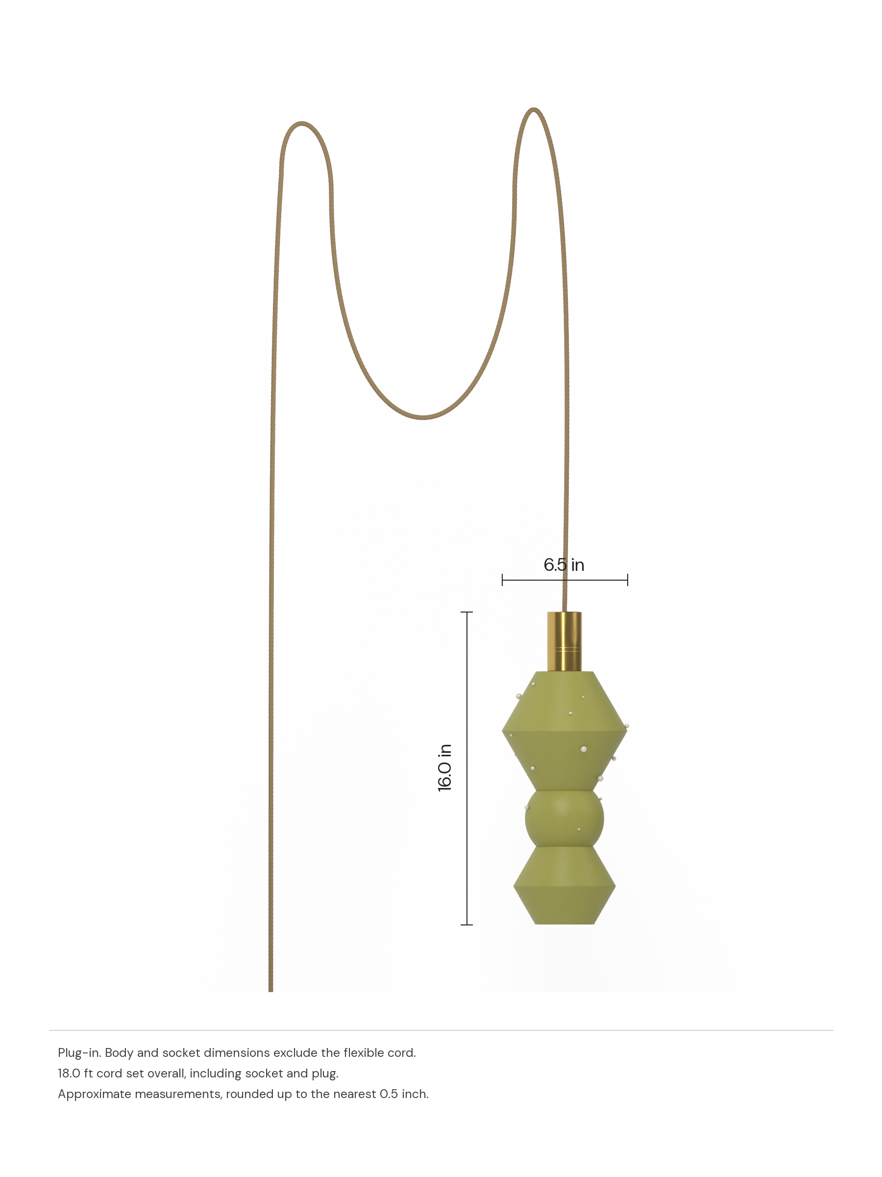 Viv Quiche in French Monk with Pearl details and brass hardware, plug-in. Dimension drawing: 16.0 in high × 6.5 in wide, excluding flexible cords.