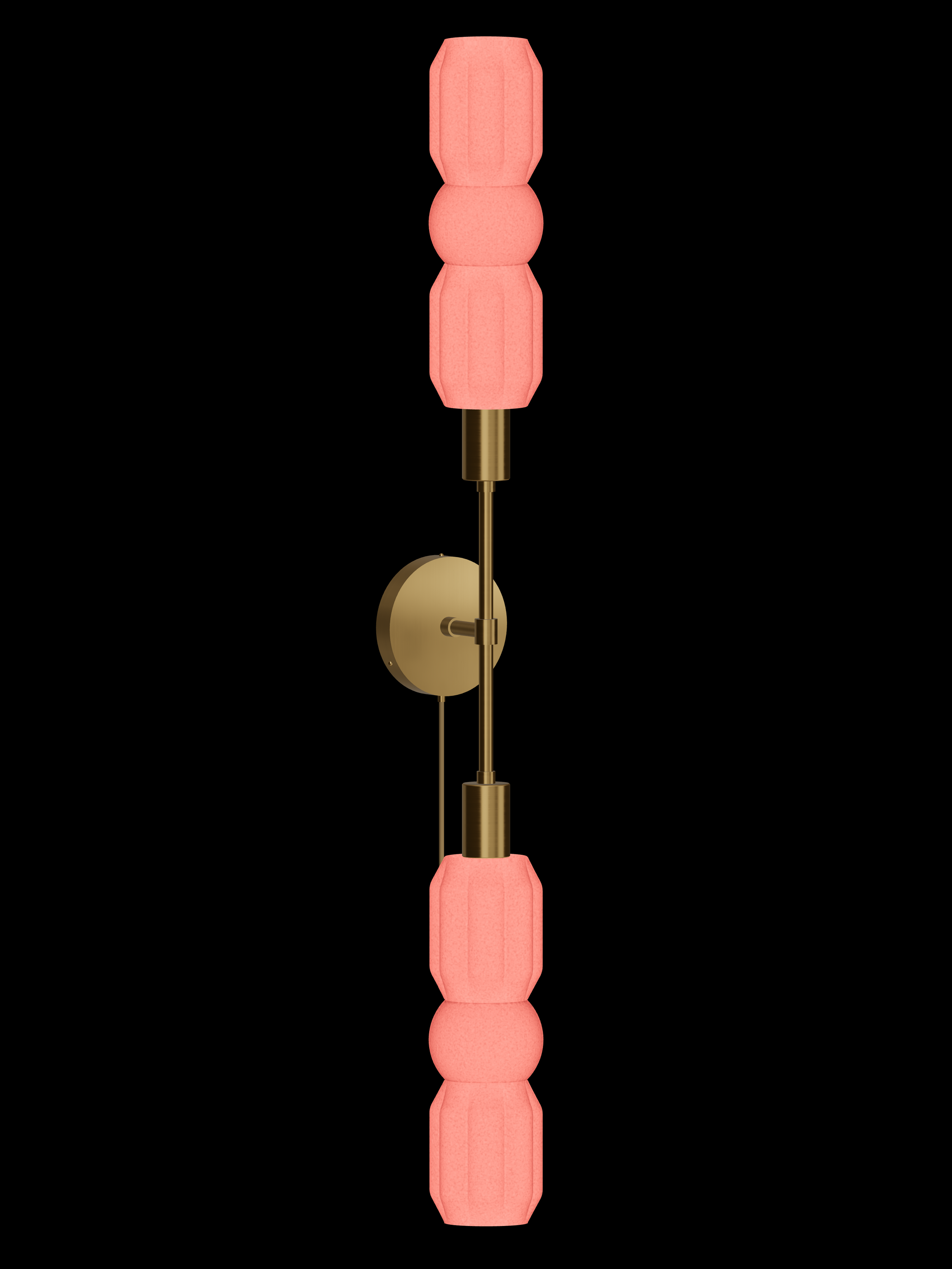 Elaine Plus One double-ended wall sconce with shapes glowing coral pink and brass hardware; plug-in version.