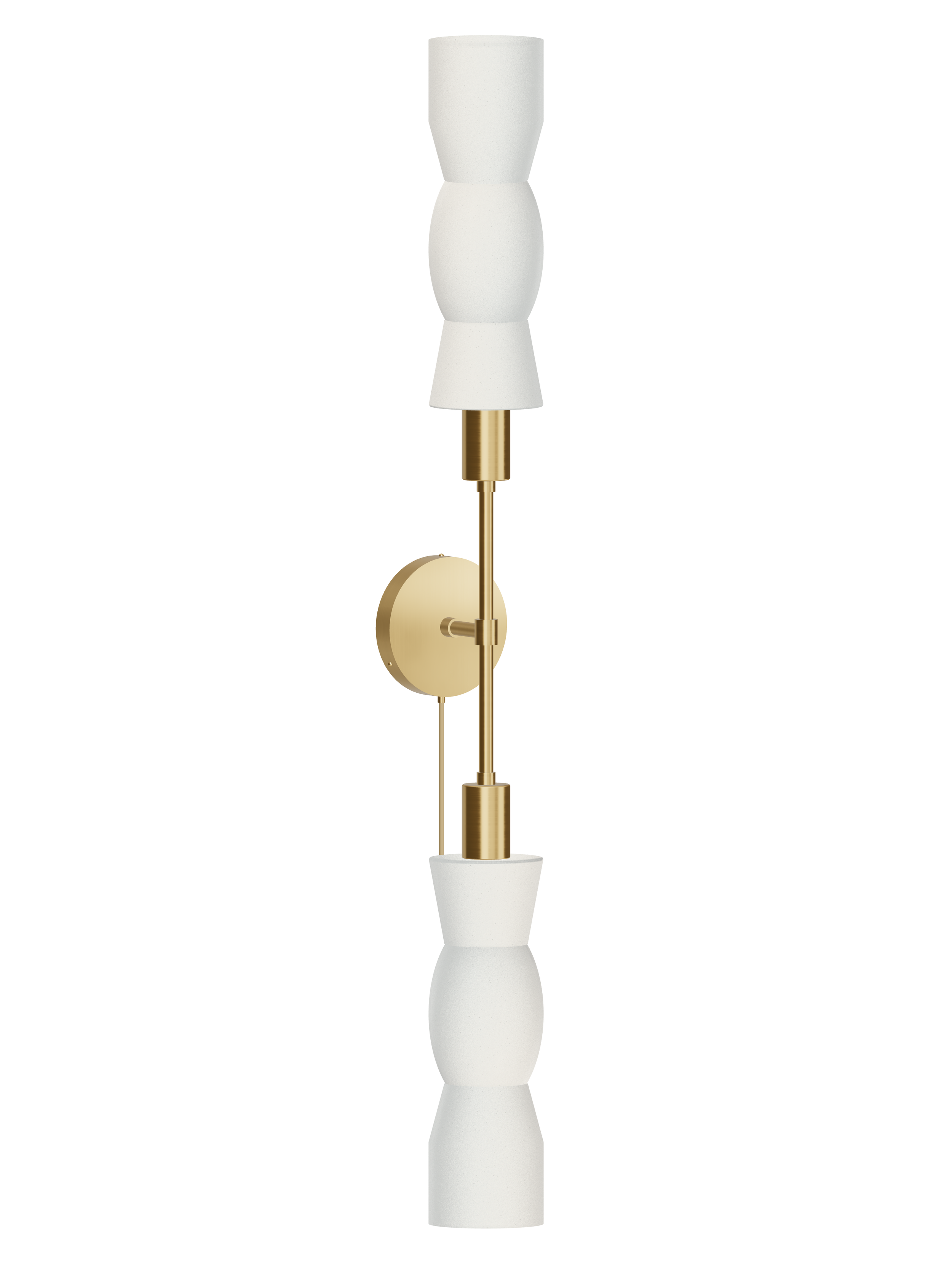 Cord Plus One double-ended wall sconce with off-white shapes and brass hardware; plug-in version, light off.
