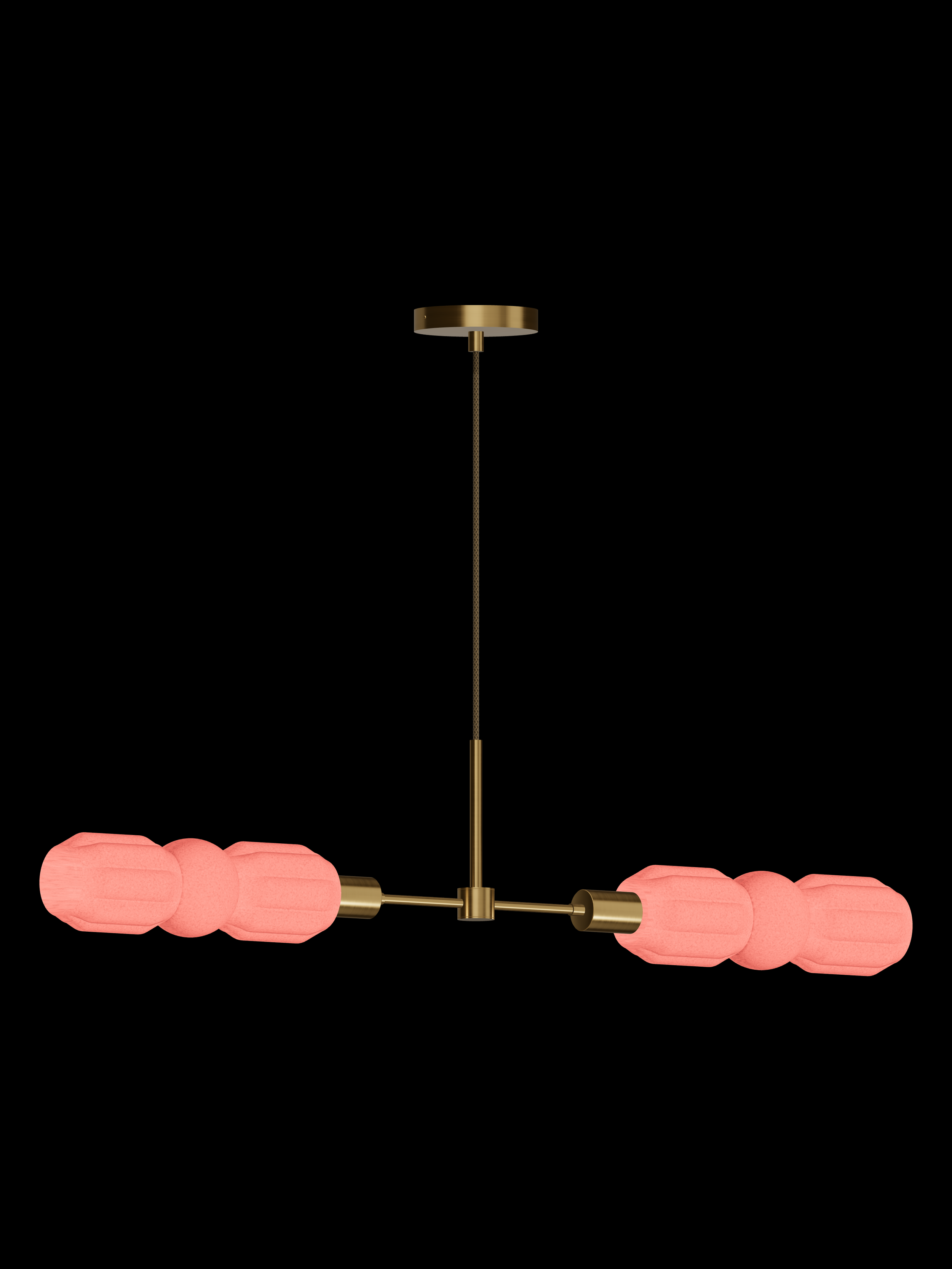 Elaine Eavesdropper horizontal pendant with shapes glowing coral pink and brass hardware; hardwired version.