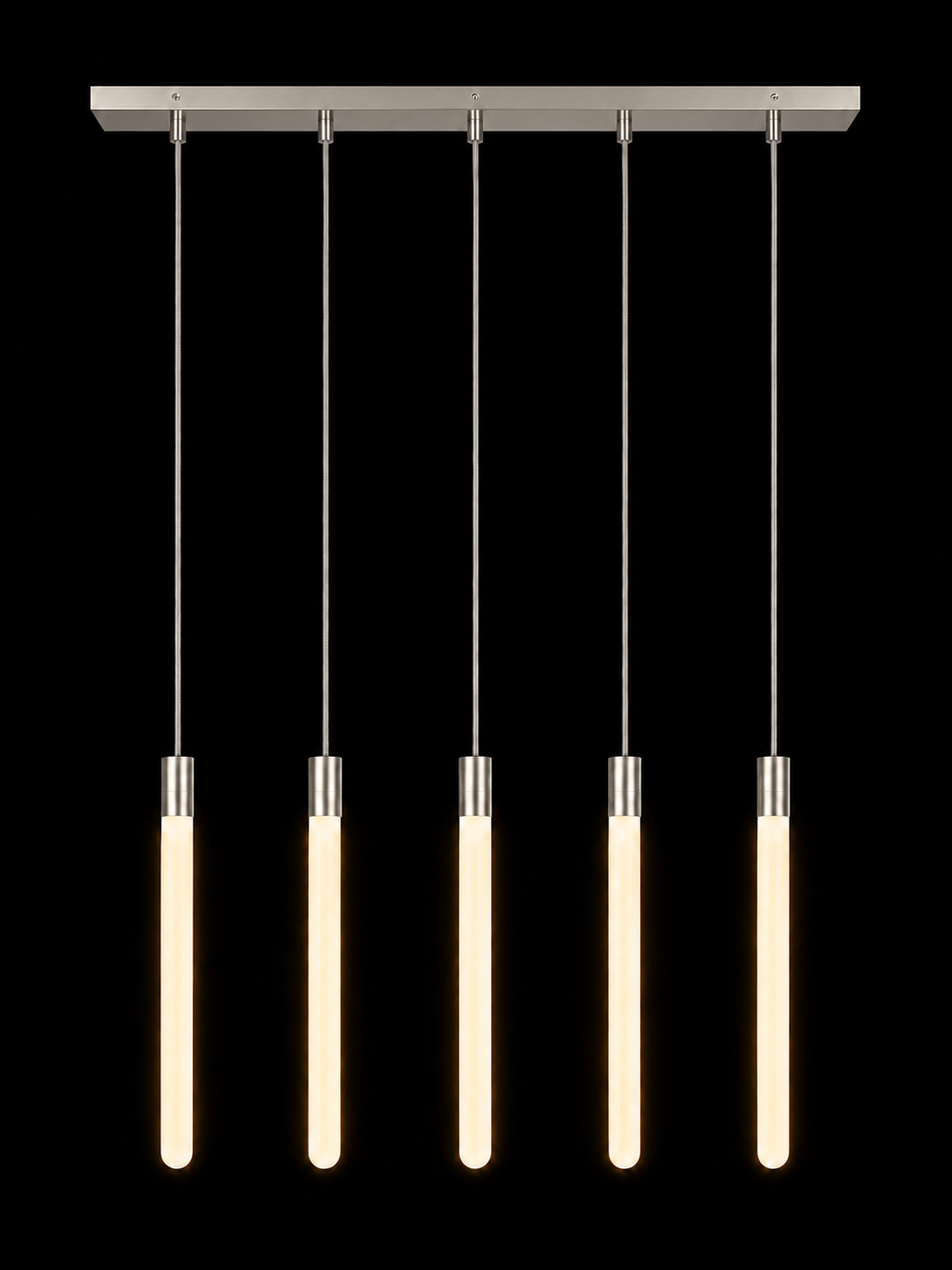 Eldon Trace linear chandelier in nickel, three warm white lit columns hanging from a slim nickel ceiling bar.