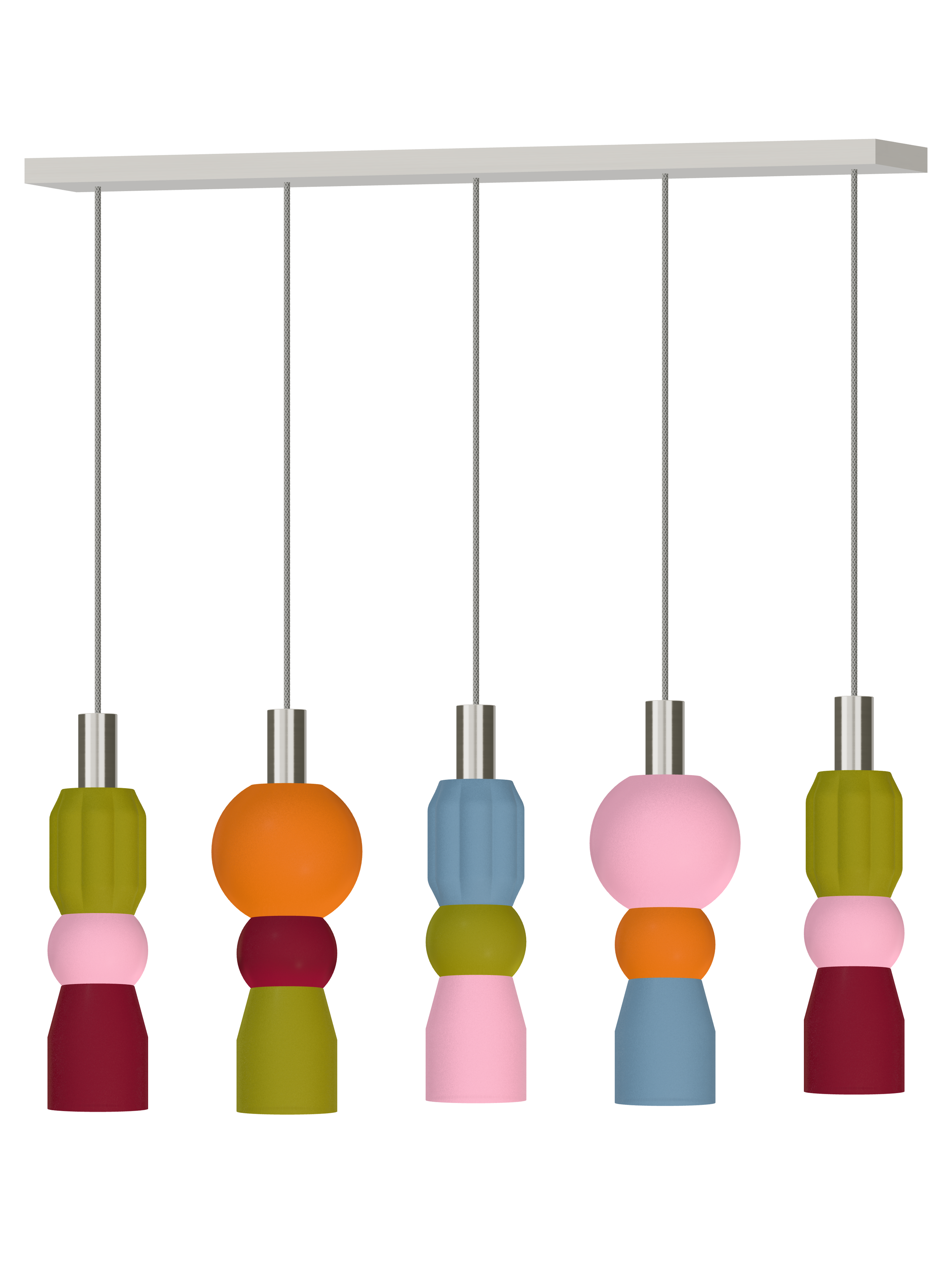 Benny Runway 5 five-pendant light with multicolor shapes and nickel hardware; hardwired version, light off.