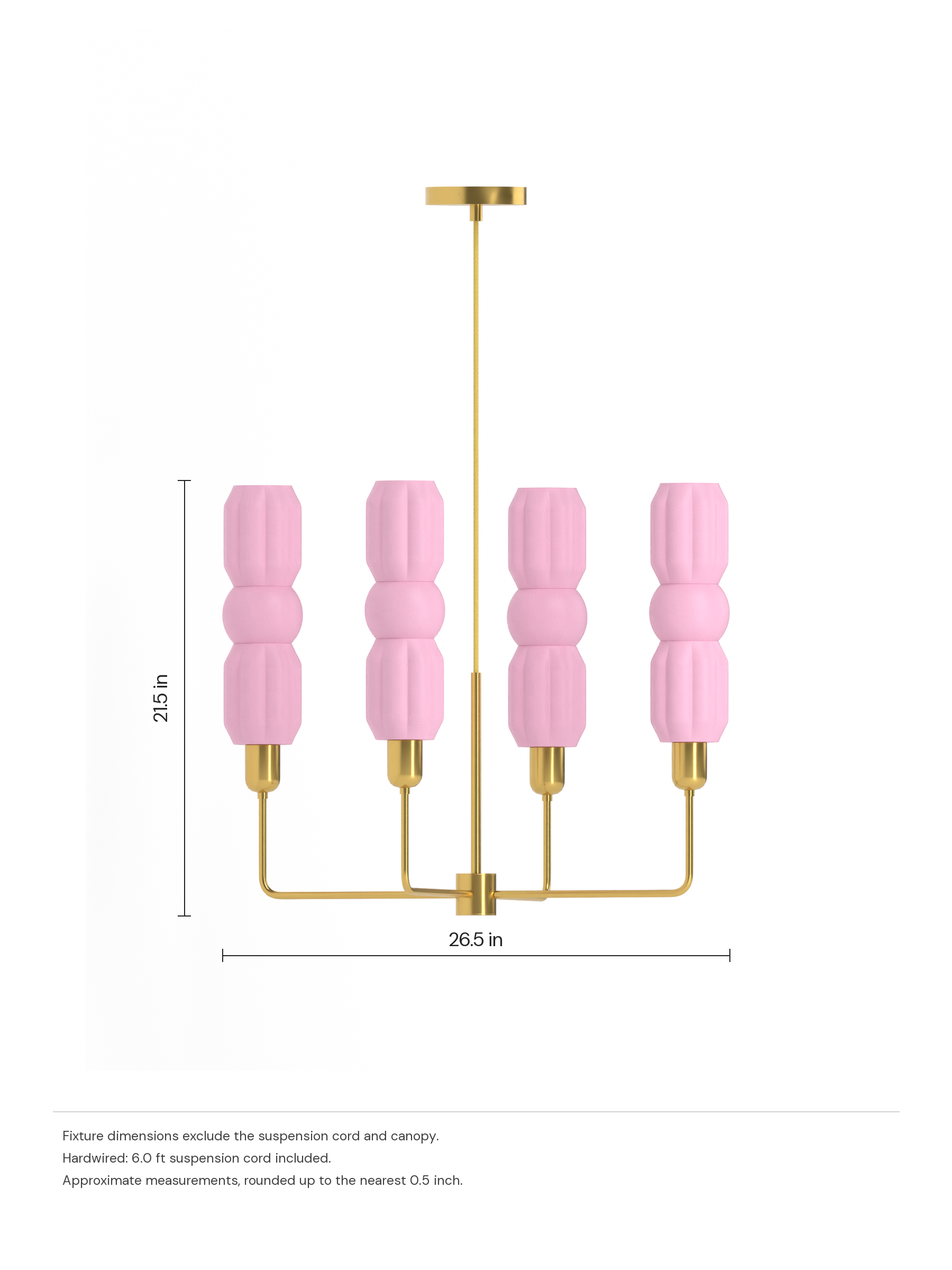 Elaine Auburn in Sakura Pink with brass hardware, hardwired. Dimension drawing: 21.5 in high × 26.5 in wide, excluding flexible cords.