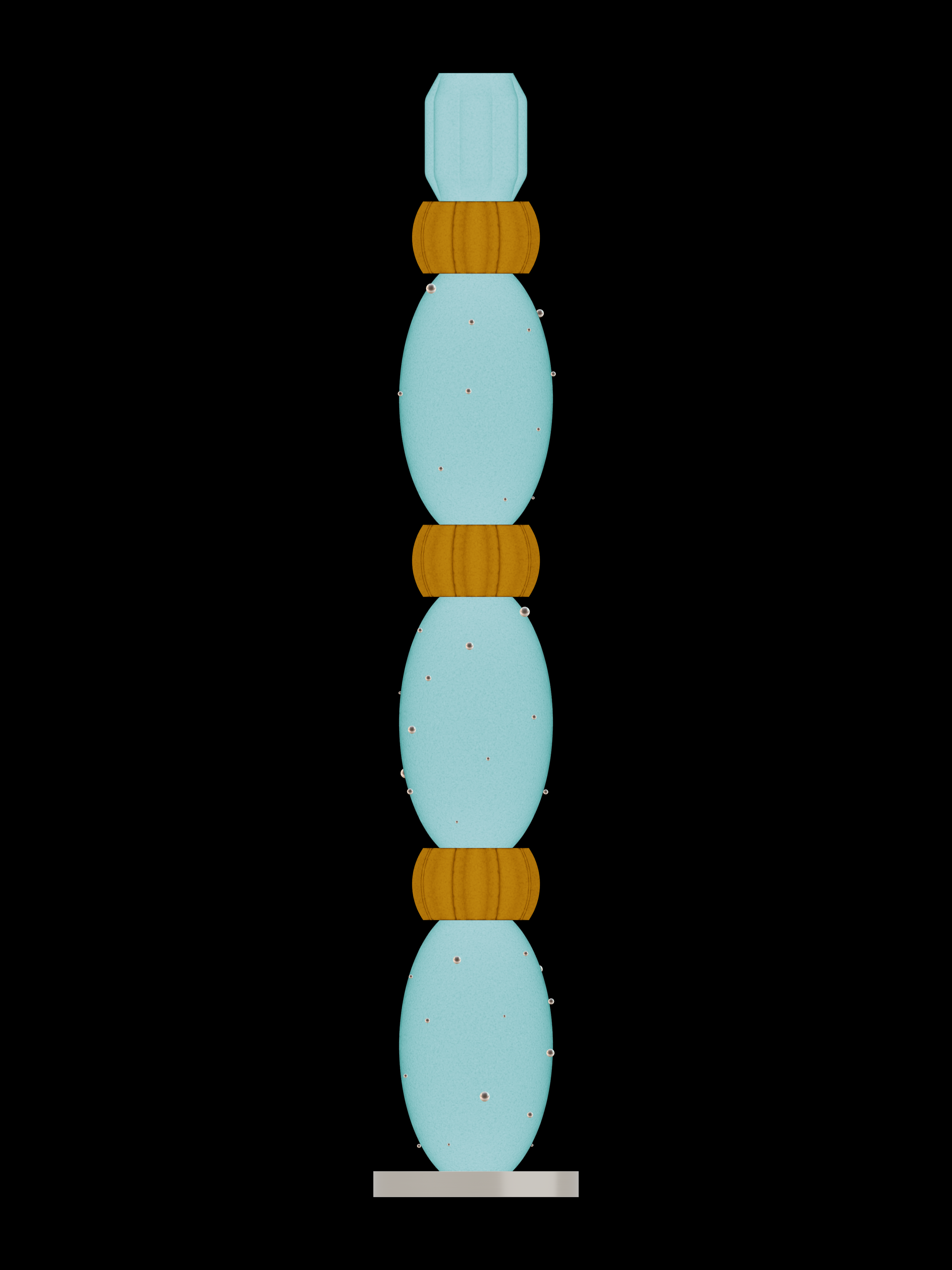 MIKA Totem lamp with Ice Blue and Monk shapes on a nickel disc base, illuminated