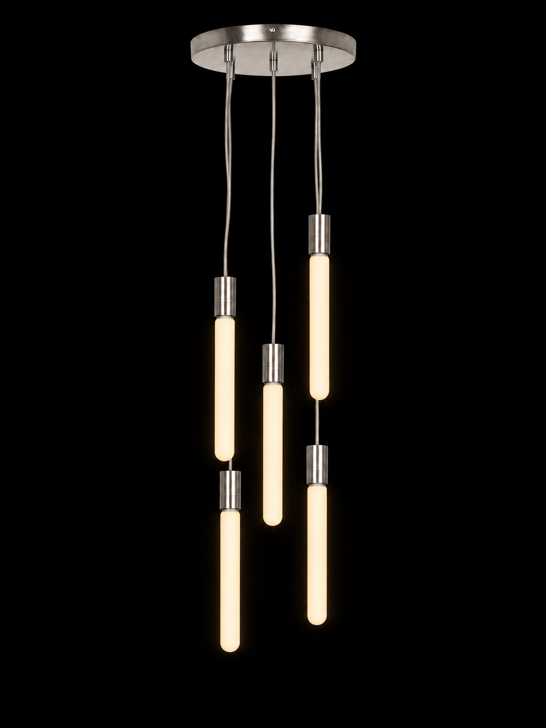 Eldon Trace Halo chandelier in nickel, warm white lit drops staggered from a round polished nickel ceiling canopy.