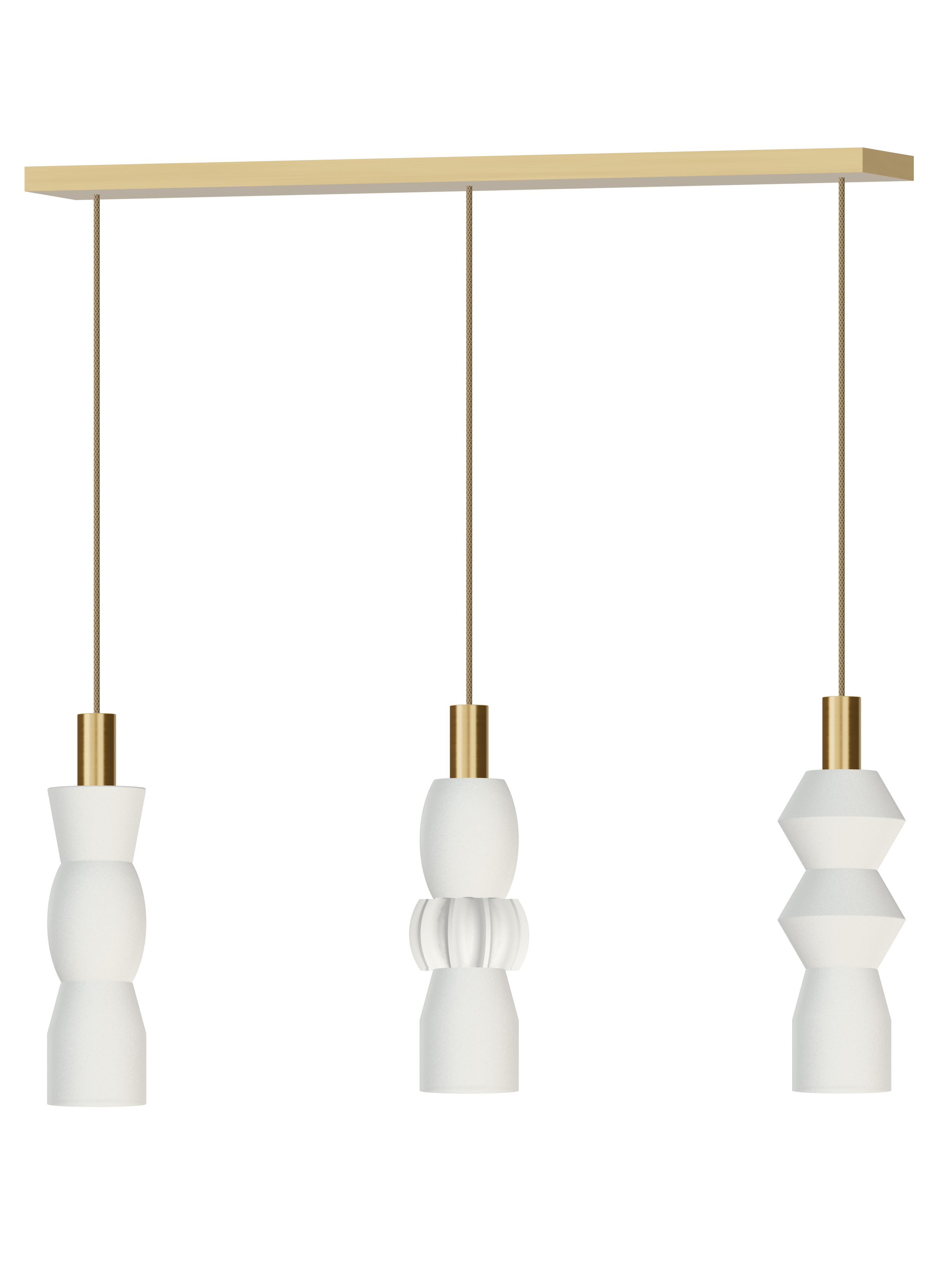 Cord Runway 3 three-pendant light with off-white shapes and brass hardware; hardwired version, light off.