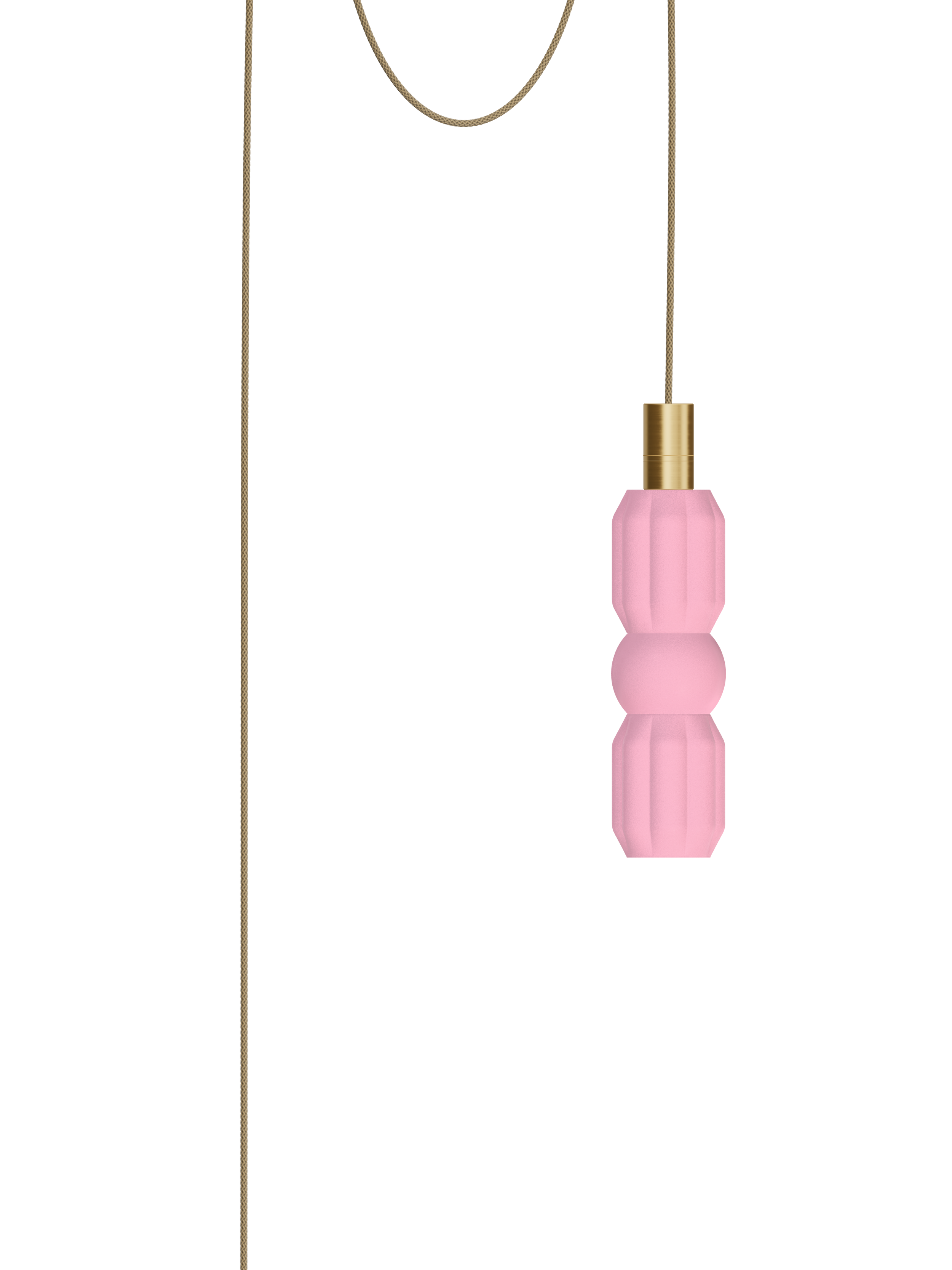 Elaine Quiche single pendant with pink shapes and brass hardware; plug-in version, light off.