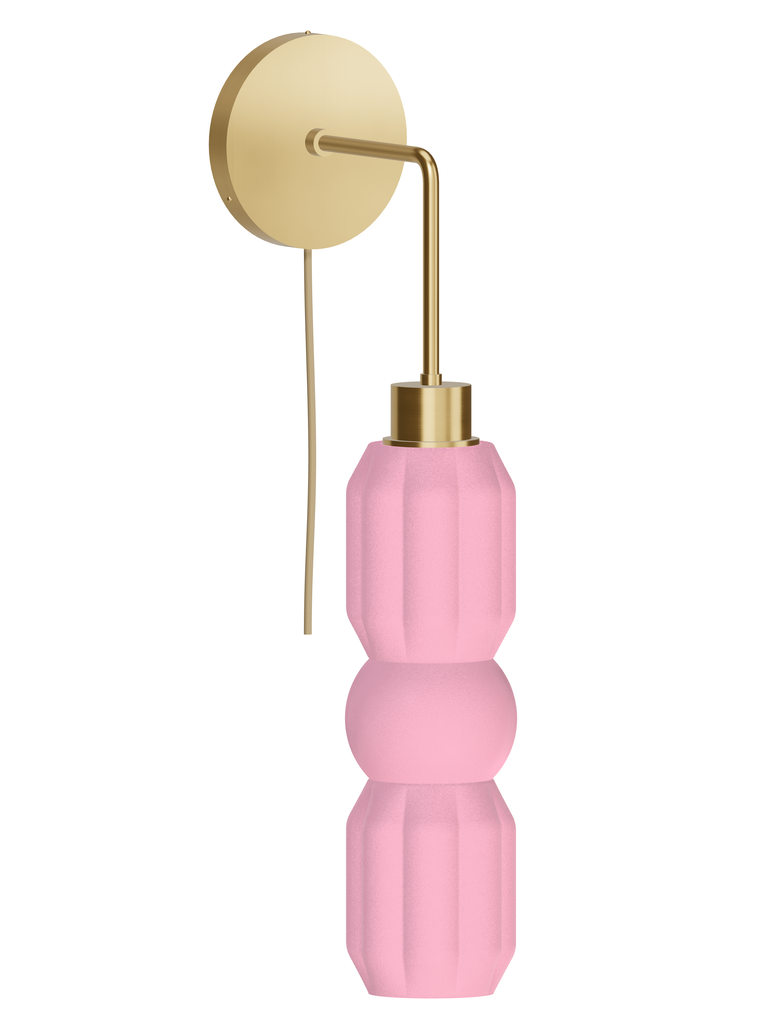 Elaine Drop Out wall sconce with a hanging stack with pink shapes and brass hardware; plug-in version, light off.