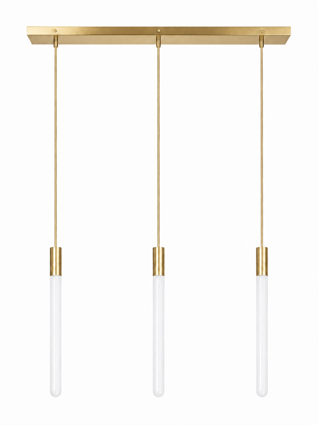 Eldon Trace linear chandelier in brass, three warm white lit columns hanging from a slim brass ceiling bar.