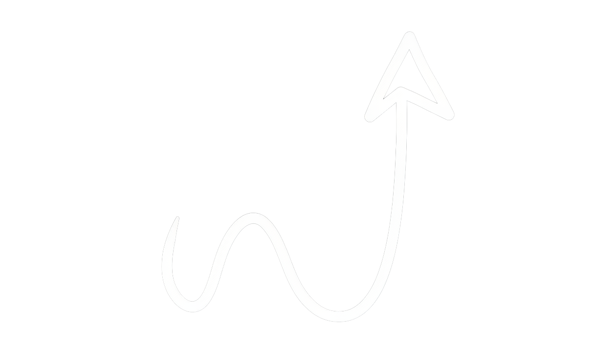 White rising arrow with a curvy path on a black background.