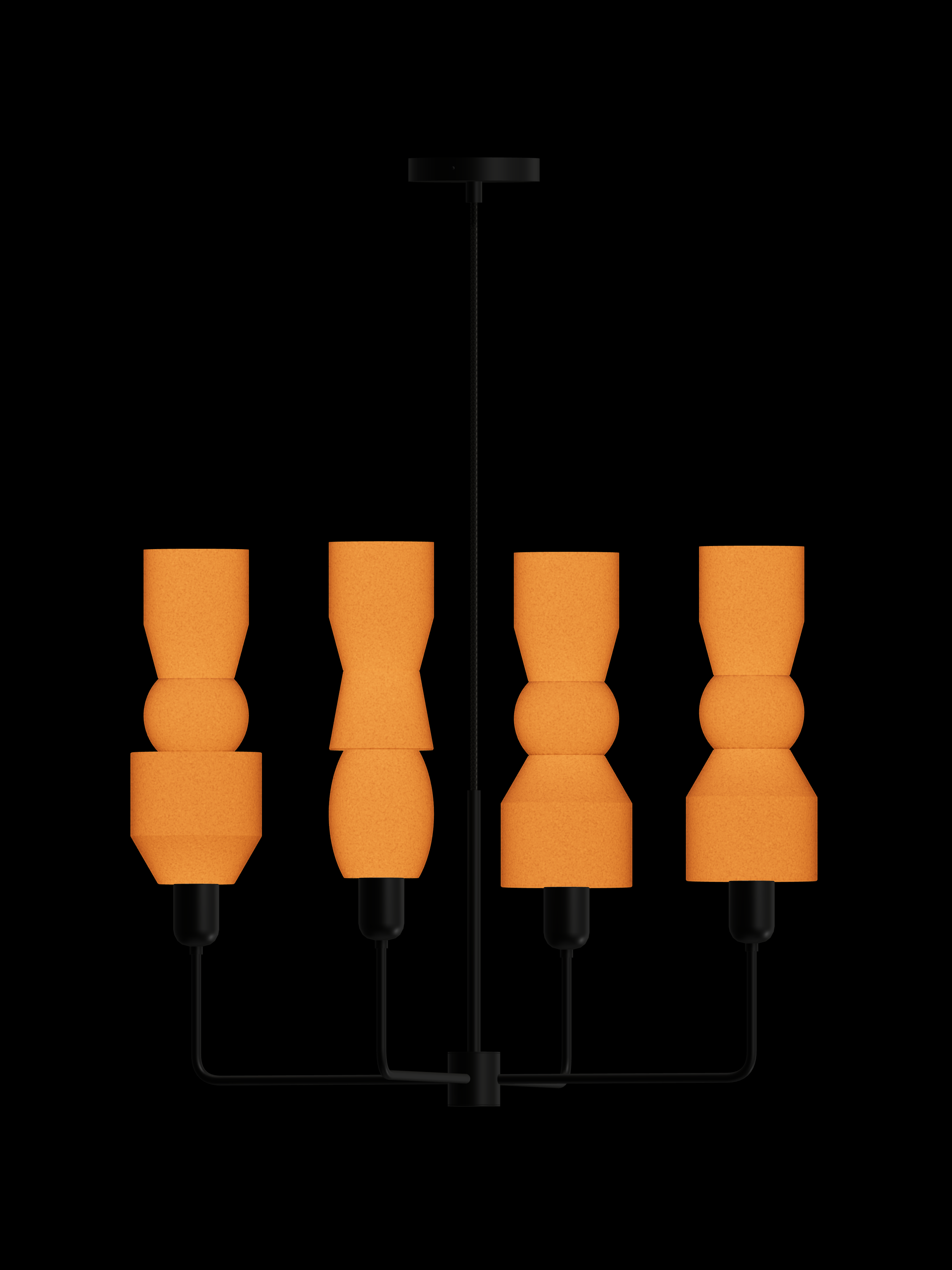 Major Auburn four-arm chandelier with shapes glowing orange and black hardware; hardwired version.