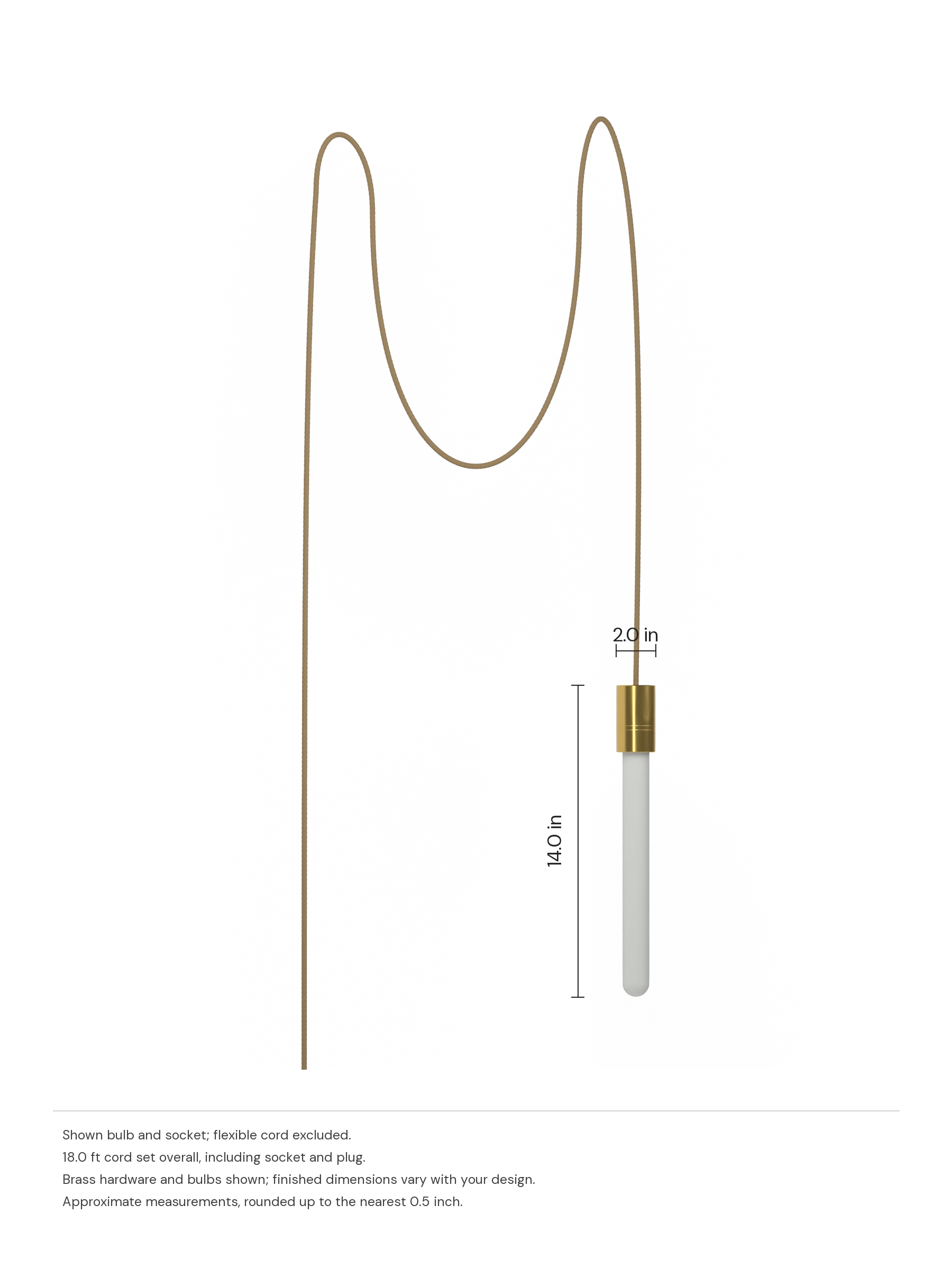Custom Quiche with brass hardware and opal bulbs, before adding custom shapes, plug-in. Dimension drawing: 14.0 in high × 2.0 in wide, excluding flexible cords.