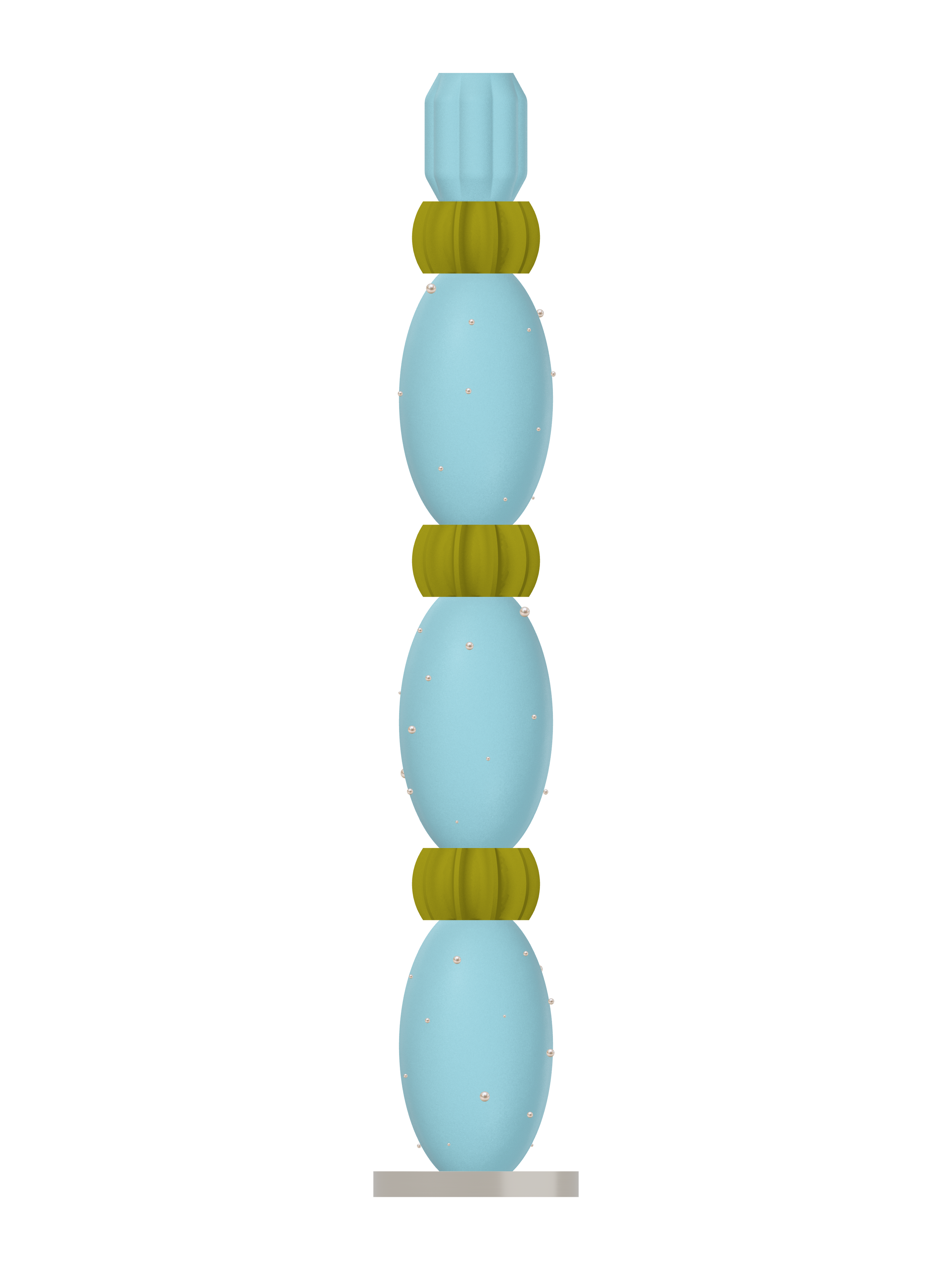 MIKA Totem lamp with Ice Blue and Monk shapes on a nickel disc base, light off