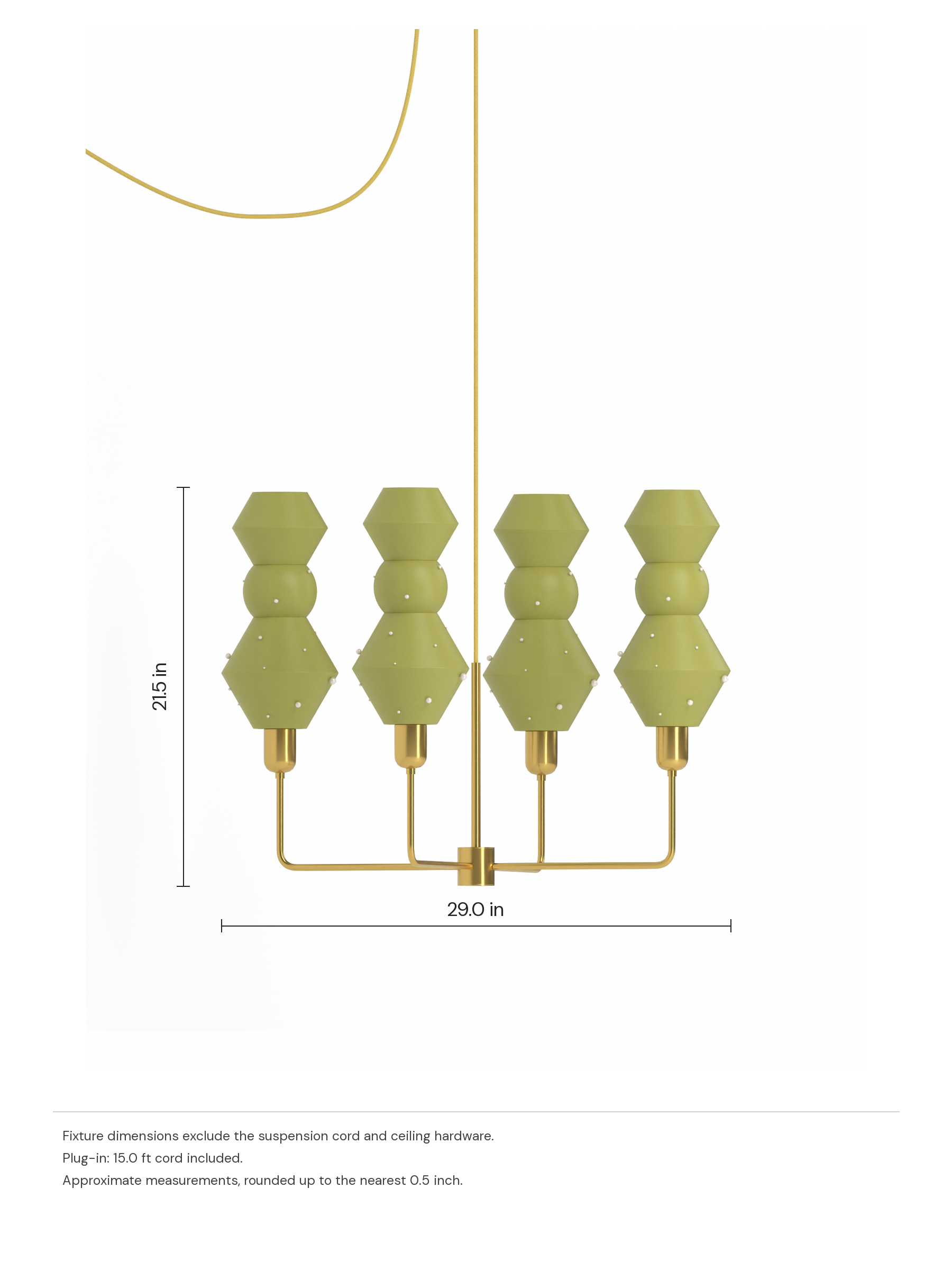 Viv Auburn in French Monk with Pearl details with brass hardware, plug-in. Dimension drawing: 21.5 in high × 29.0 in wide, excluding flexible cords.