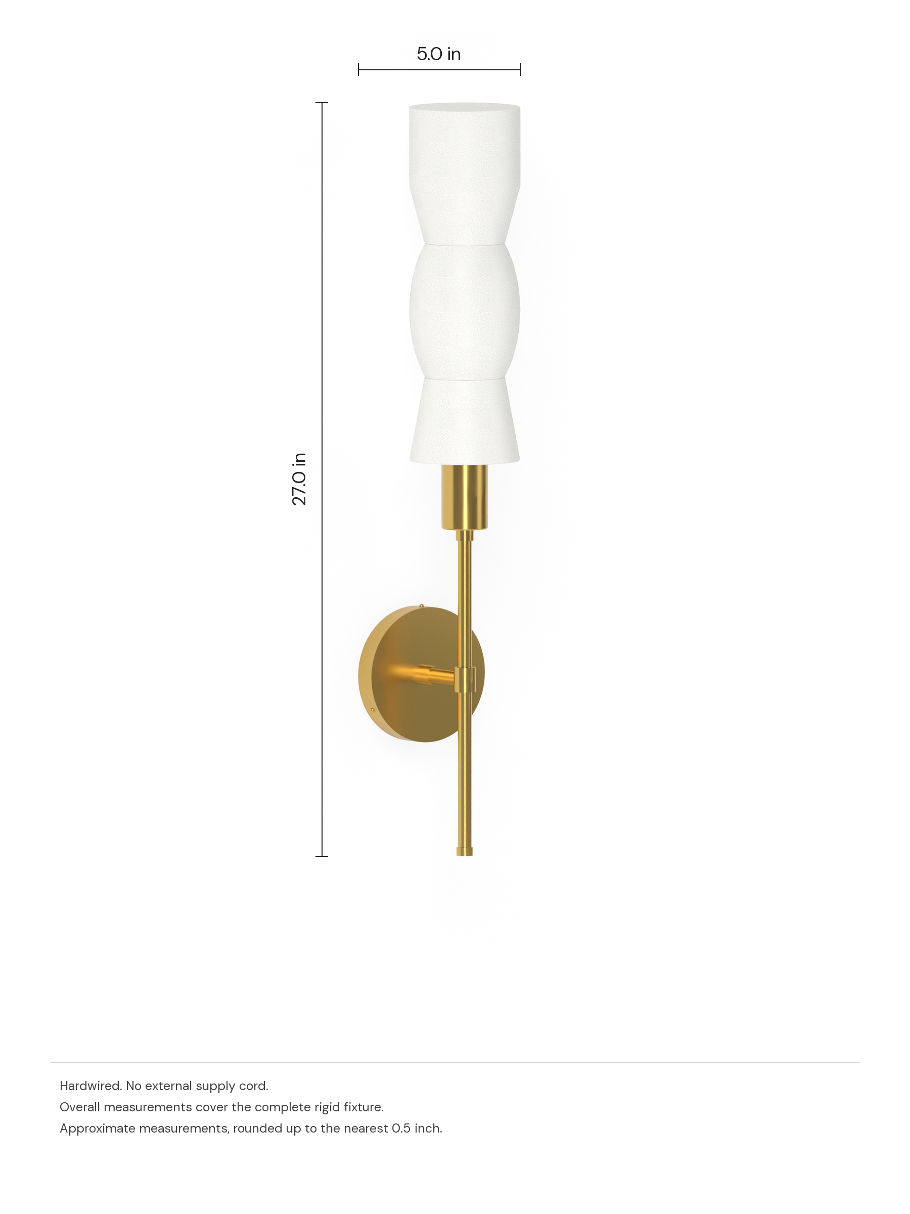 Cord Wallflower in Linen with brass hardware, hardwired. Dimension drawing: 27.0 in high × 5.0 in wide.