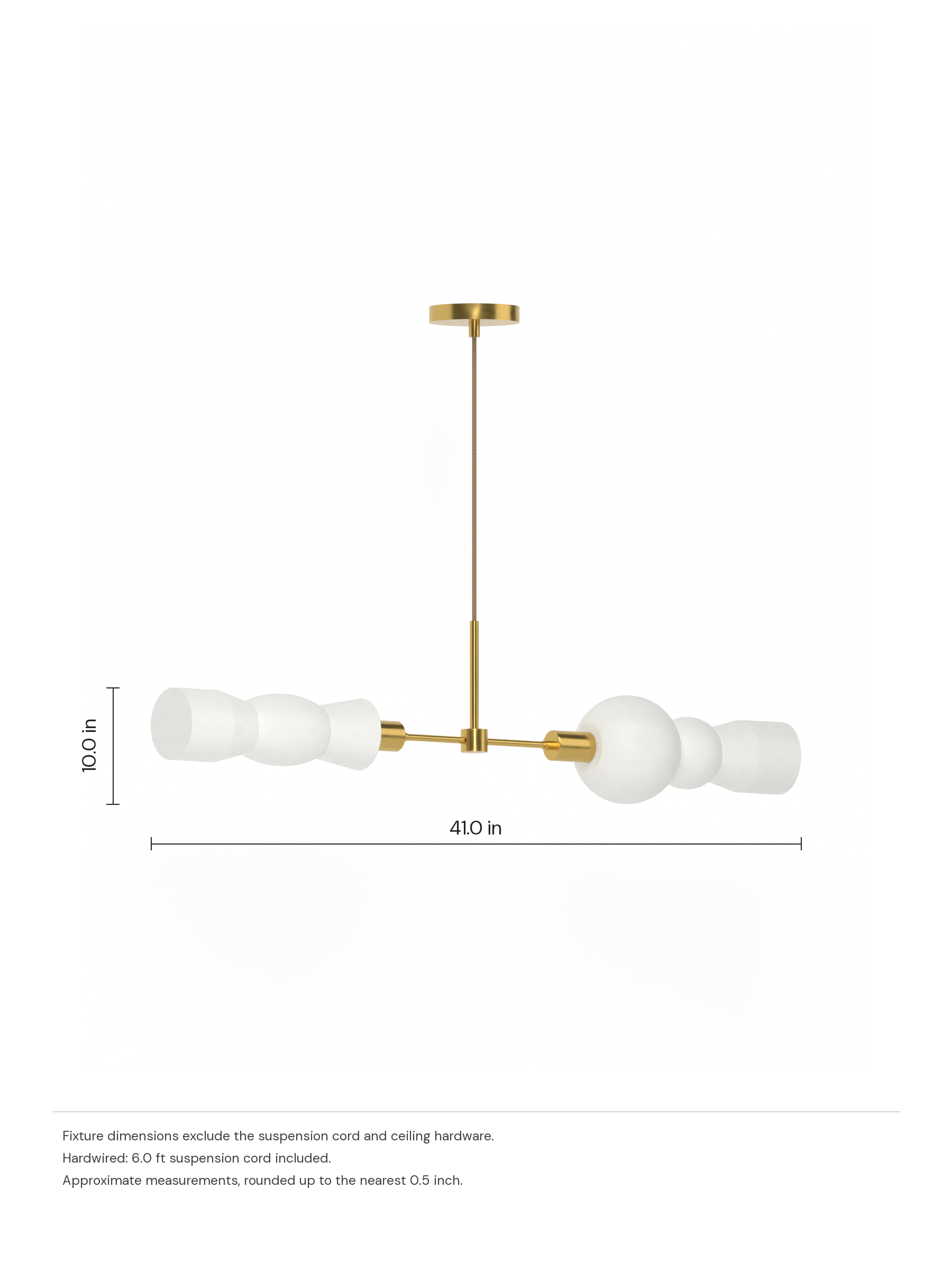 Cord Eavesdropper in Linen with brass hardware, hardwired. Dimension drawing: 10.0 in high × 41.0 in wide, excluding flexible cords.