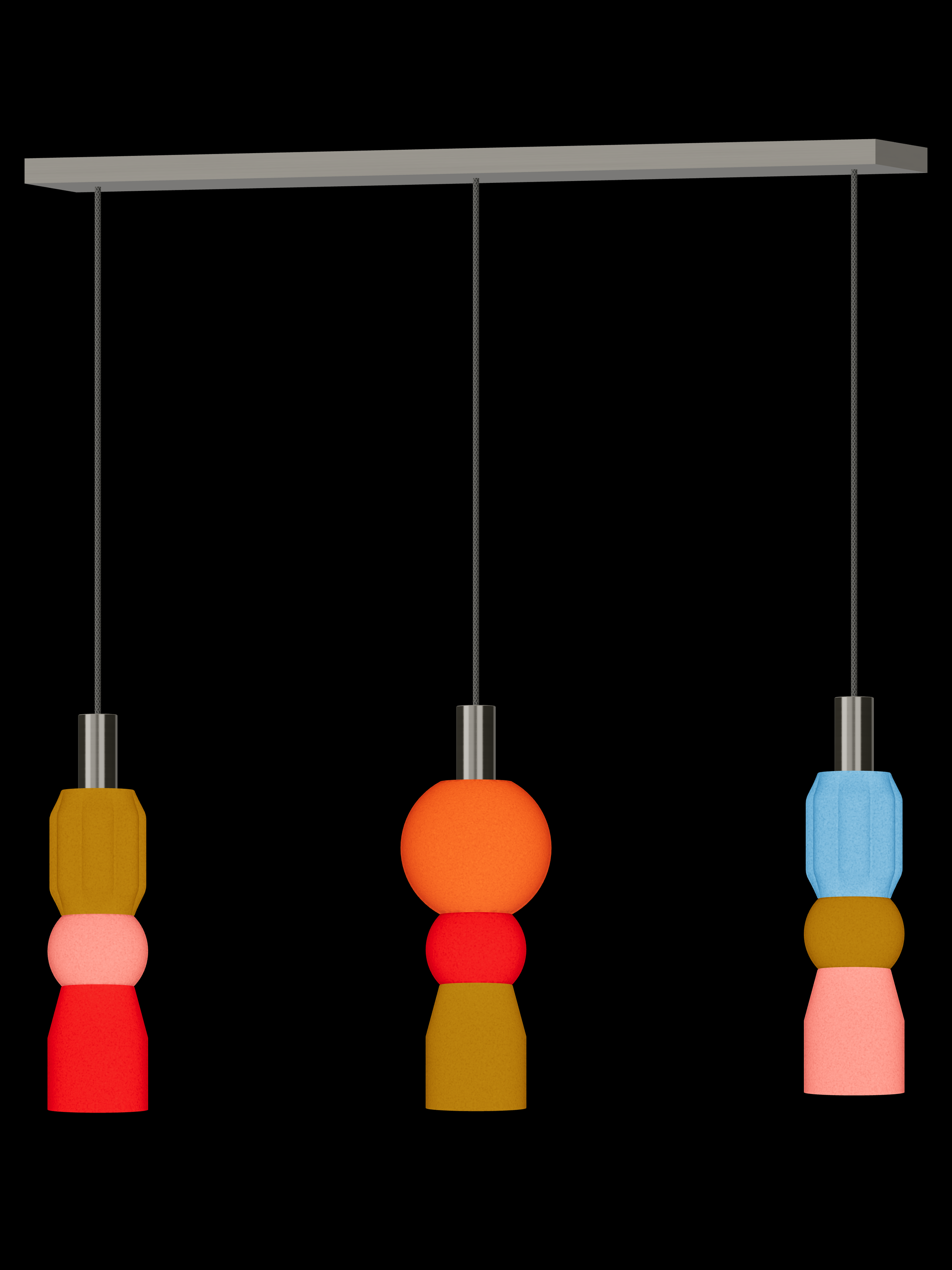 Benny Runway 3 three-pendant light with illuminated multicolor shapes and nickel hardware; hardwired version.