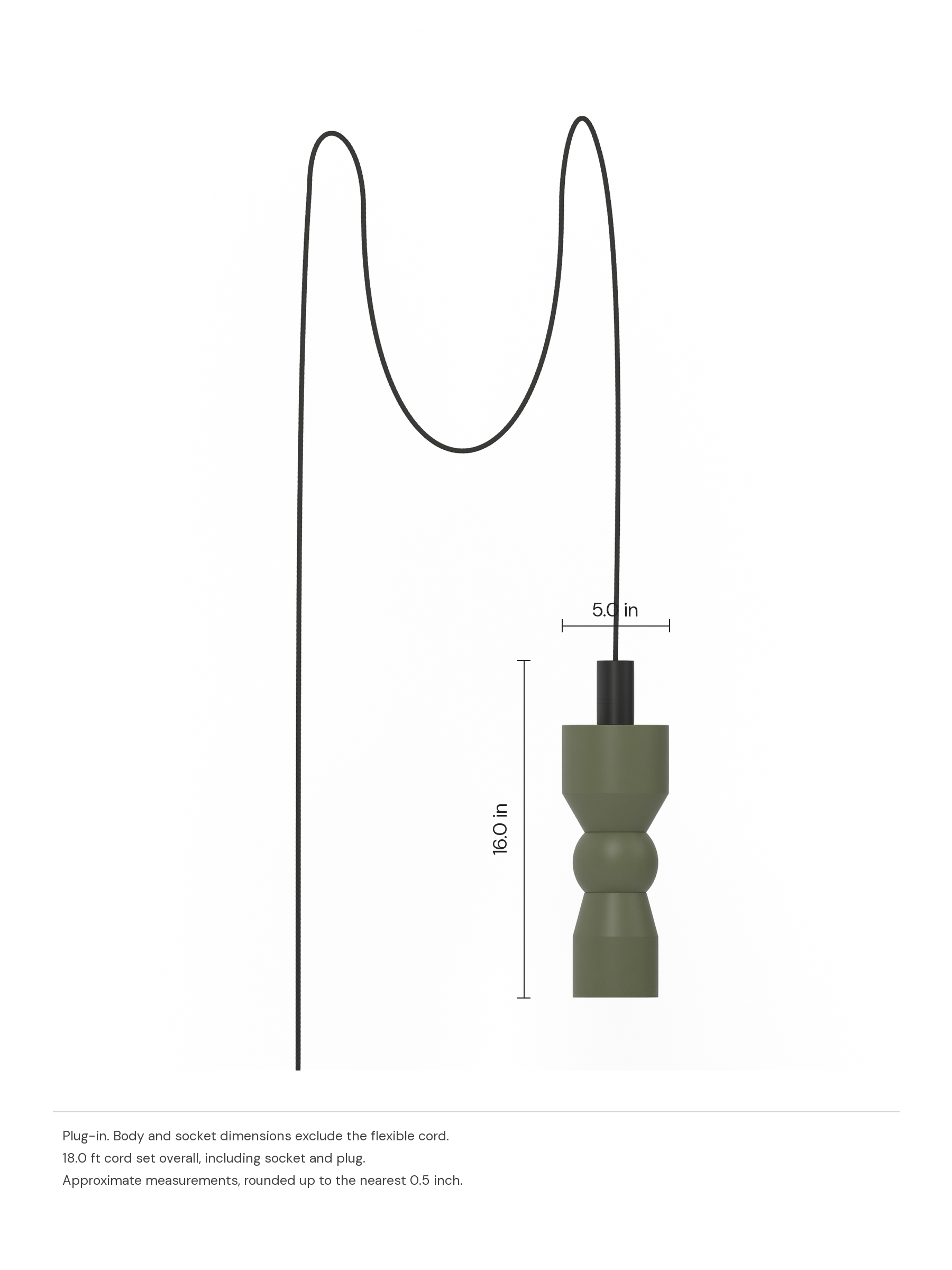 Major Quiche in Dark Green with black hardware, plug-in. Dimension drawing: 16.0 in high × 5.0 in wide, excluding flexible cords.