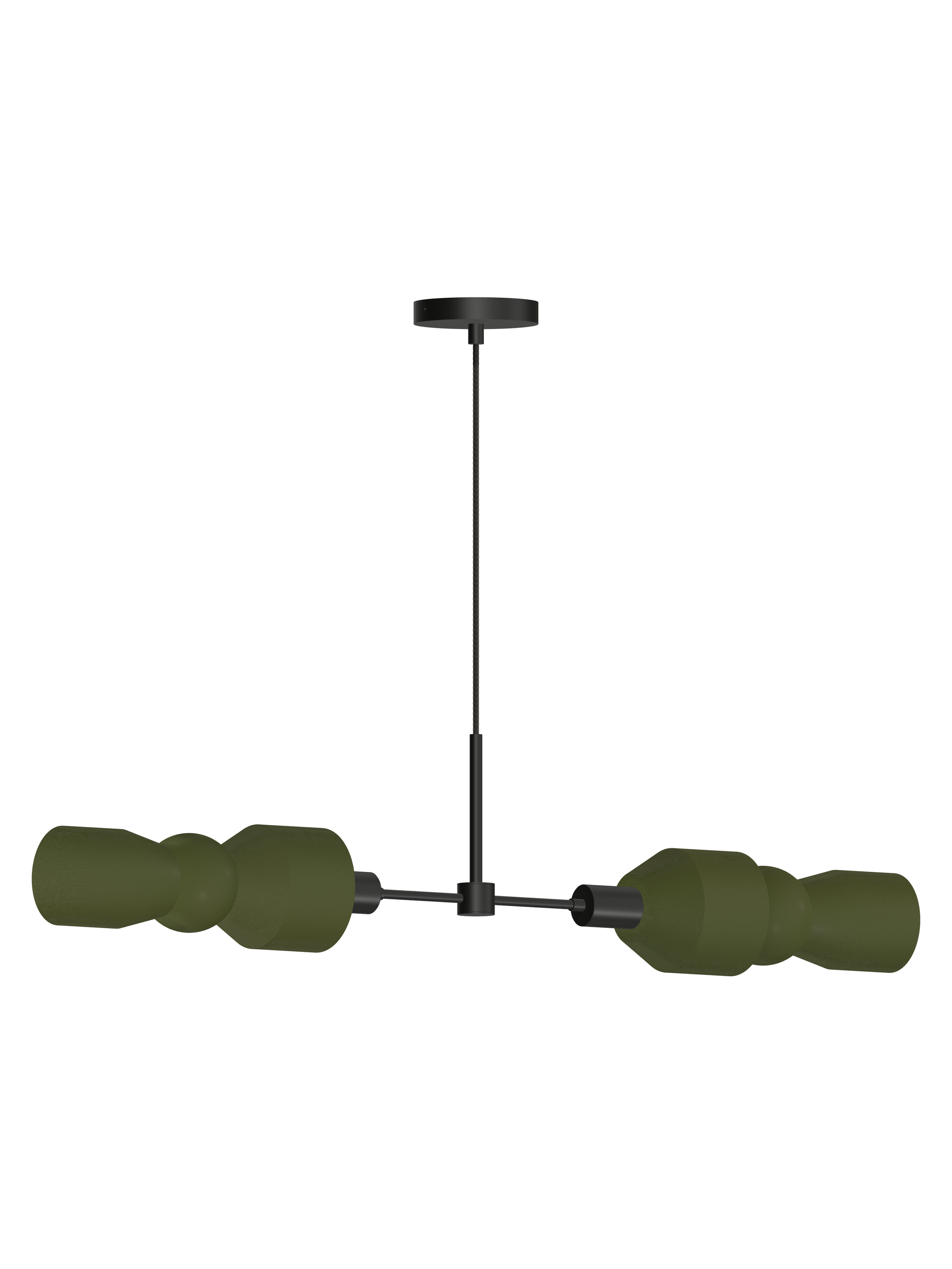 Major Eavesdropper horizontal pendant with dark green shapes and black hardware; hardwired version, light off.