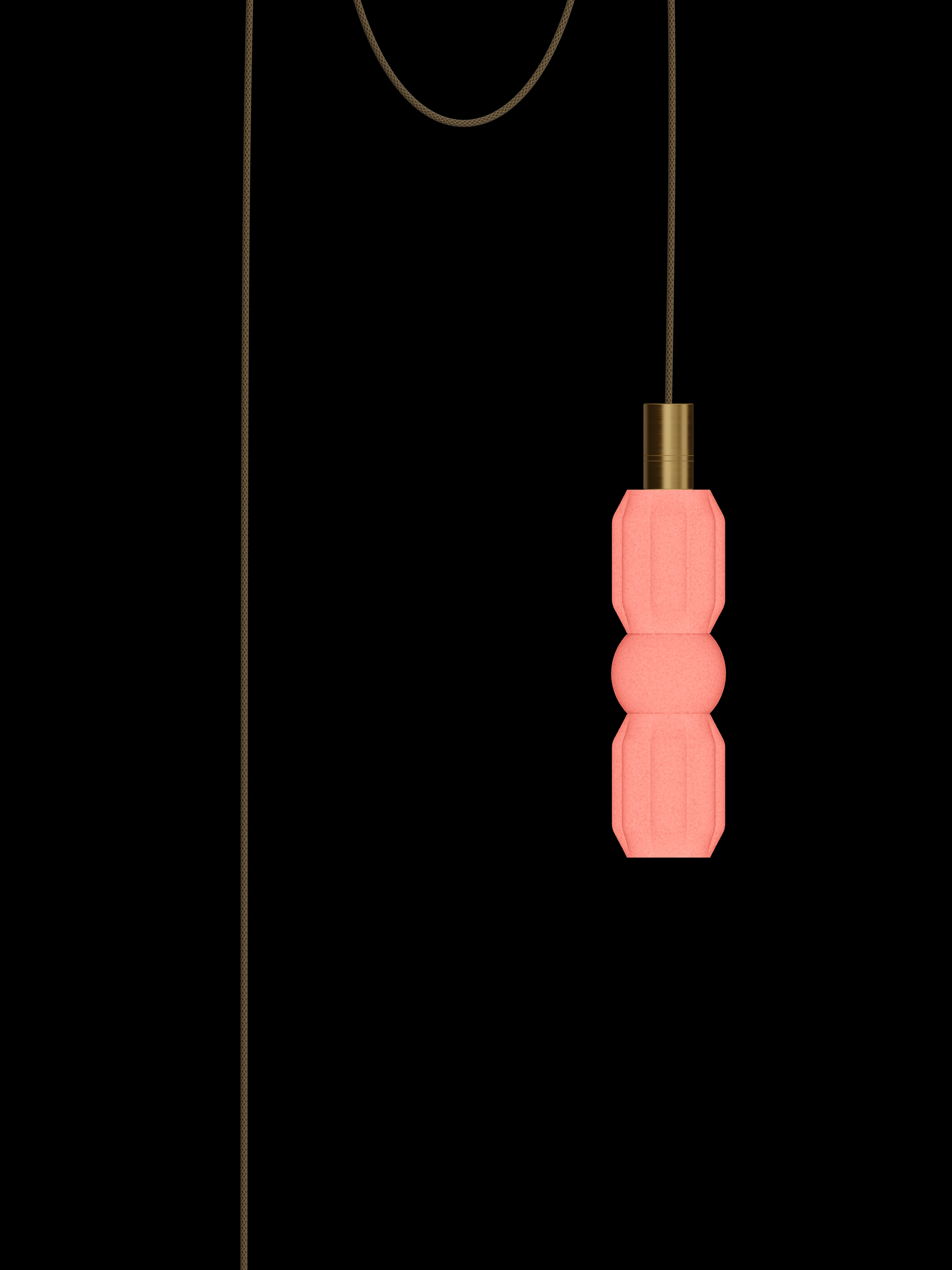 Elaine Quiche single pendant with shapes glowing coral pink and brass hardware; plug-in version.