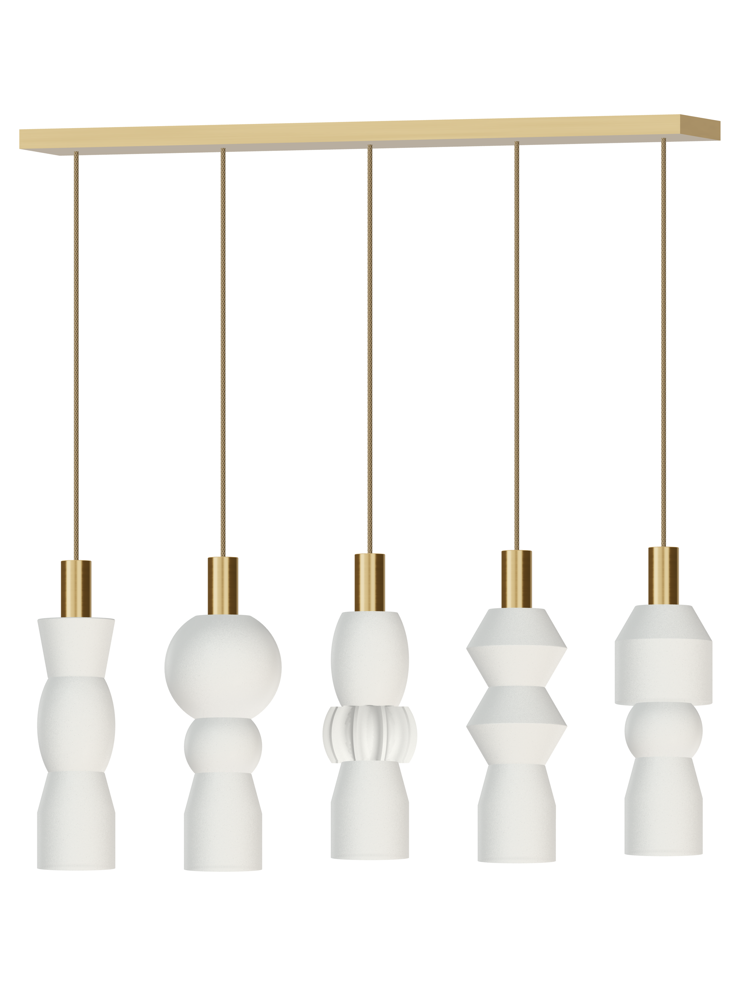 Cord Runway 5 five-pendant light with off-white shapes and brass hardware; hardwired version, light off.