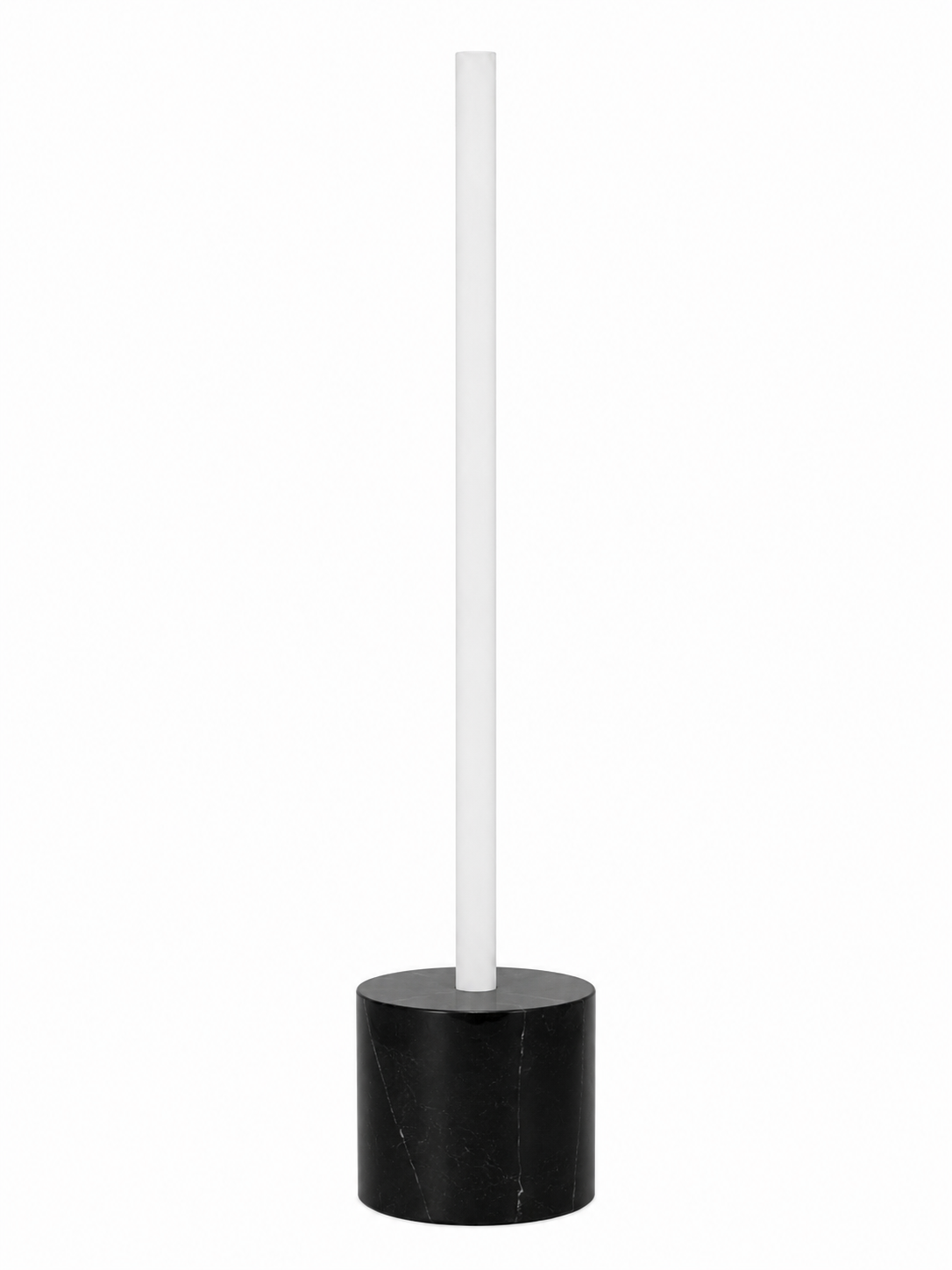Eldon Trace Column lamp in black marble, a warm white lit column on a 5 inch black marble drum base