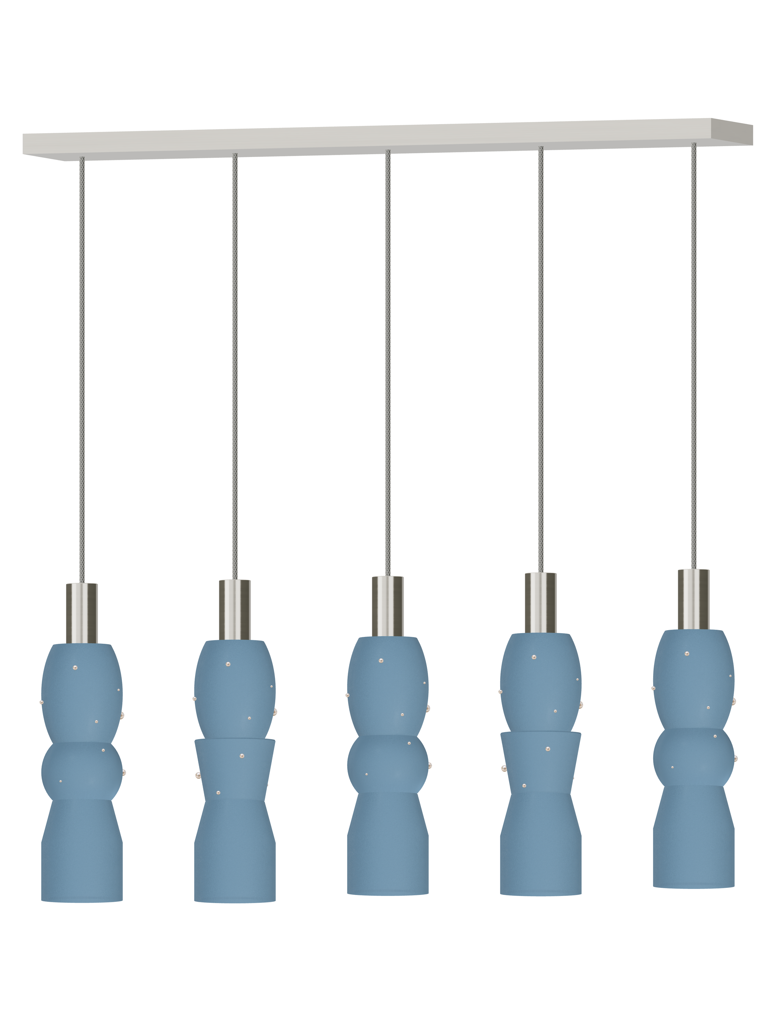 Guest Star Runway 5 five-pendant light with blue shapes with pearl details and nickel hardware; hardwired version, light off.