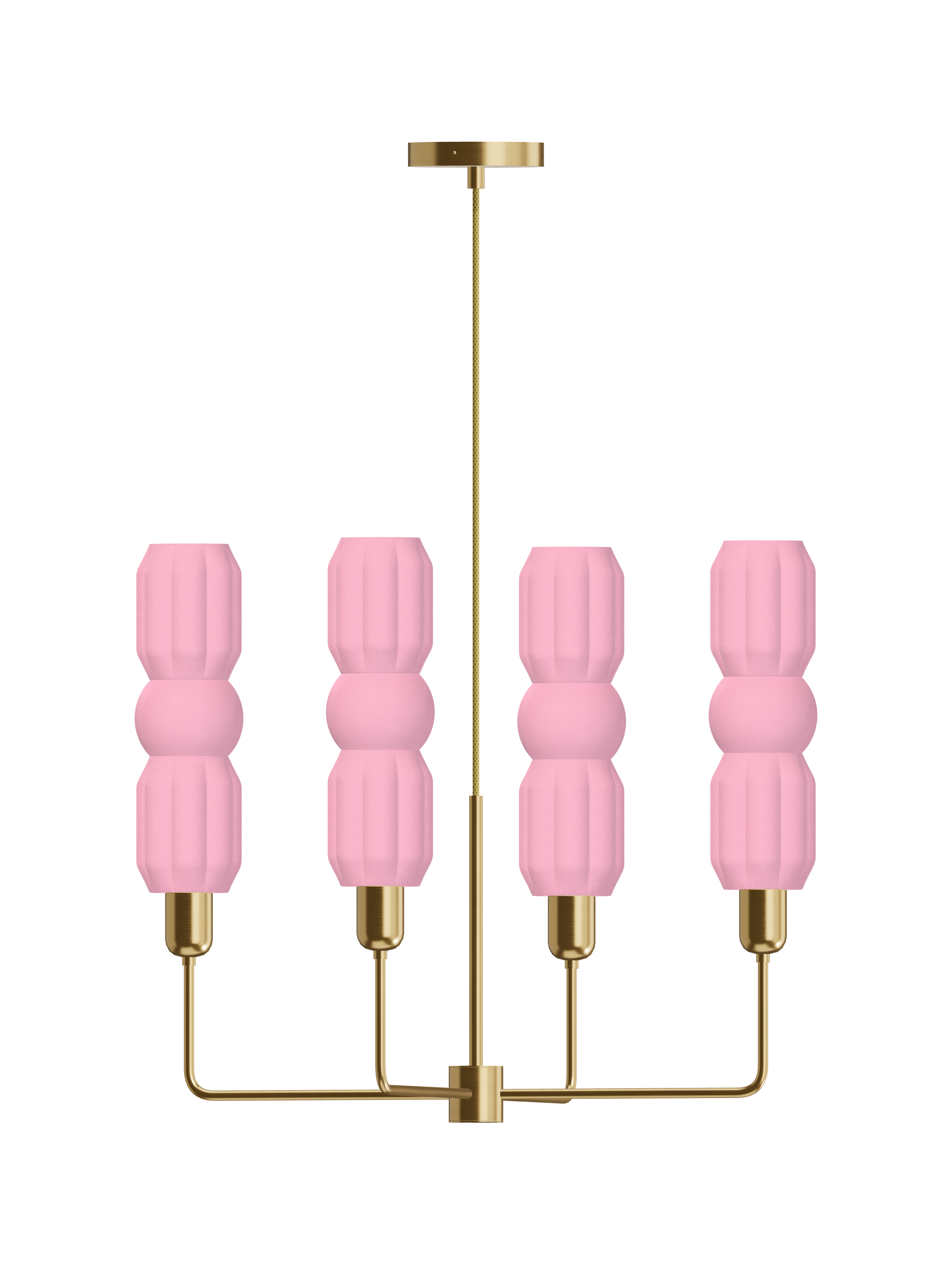 Elaine Auburn four-arm chandelier with pink shapes and brass hardware; hardwired version, light off.