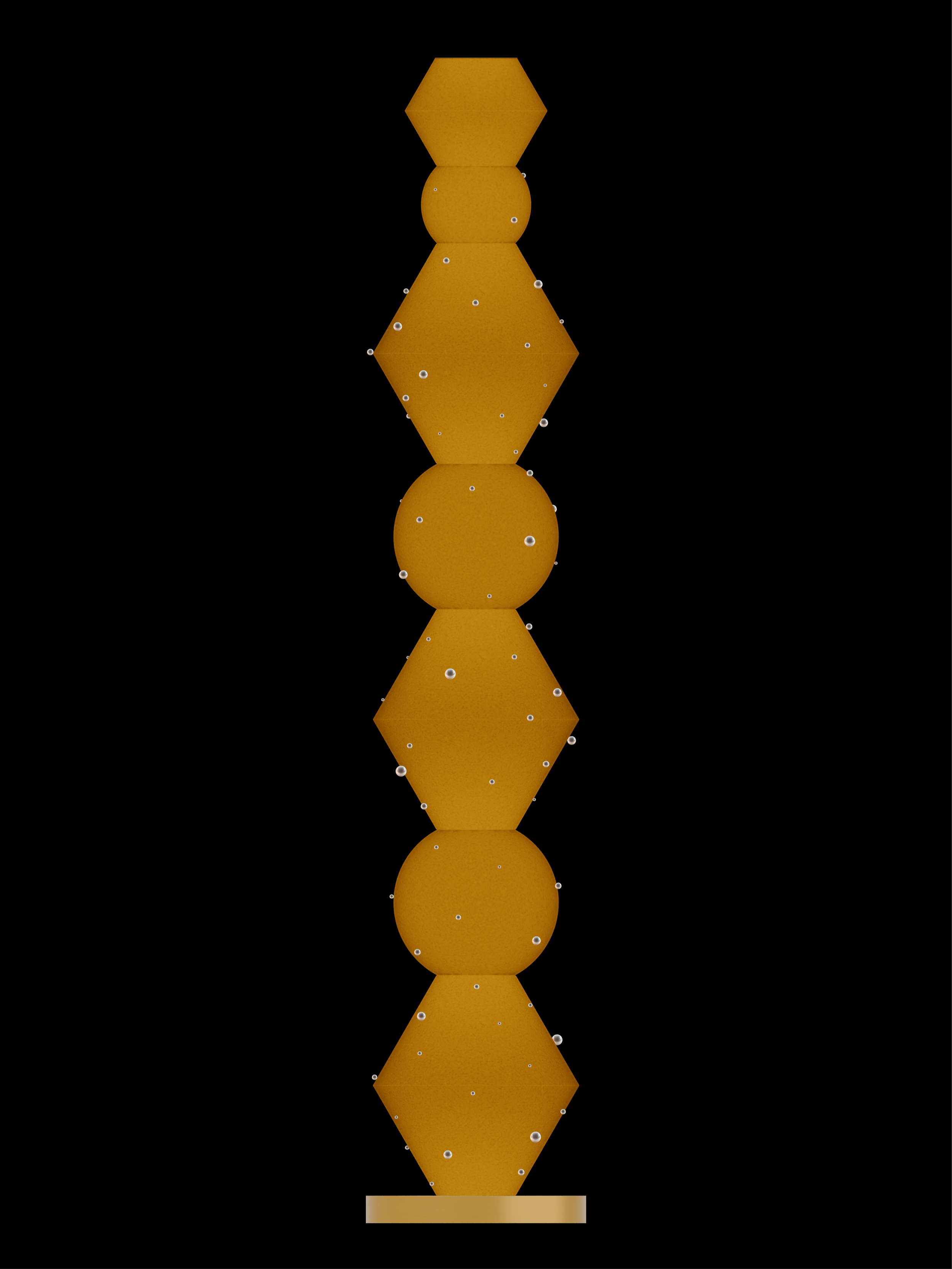 Viv Totem 39 stacked Totem lamp with shapes glowing amber with pearl details and brass hardware; plug-in version.