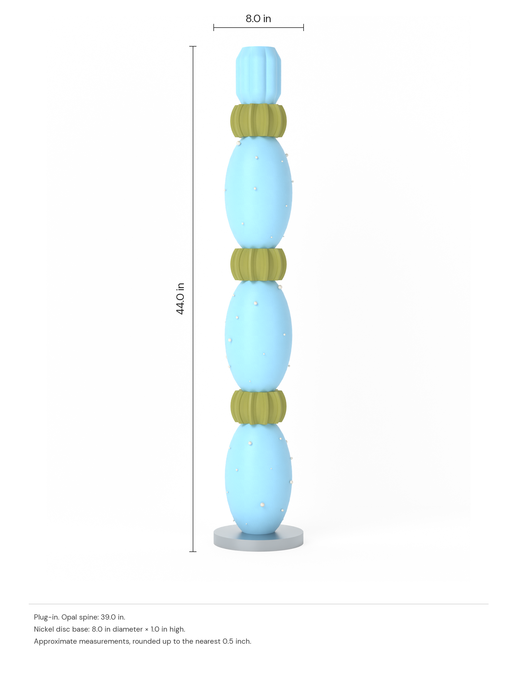 Mika Totem in Ice Blue and Monk with Pearl details and a nickel disc base, plug-in. Dimension drawing: 44.0 in high × 8.0 in wide, excluding flexible cords.