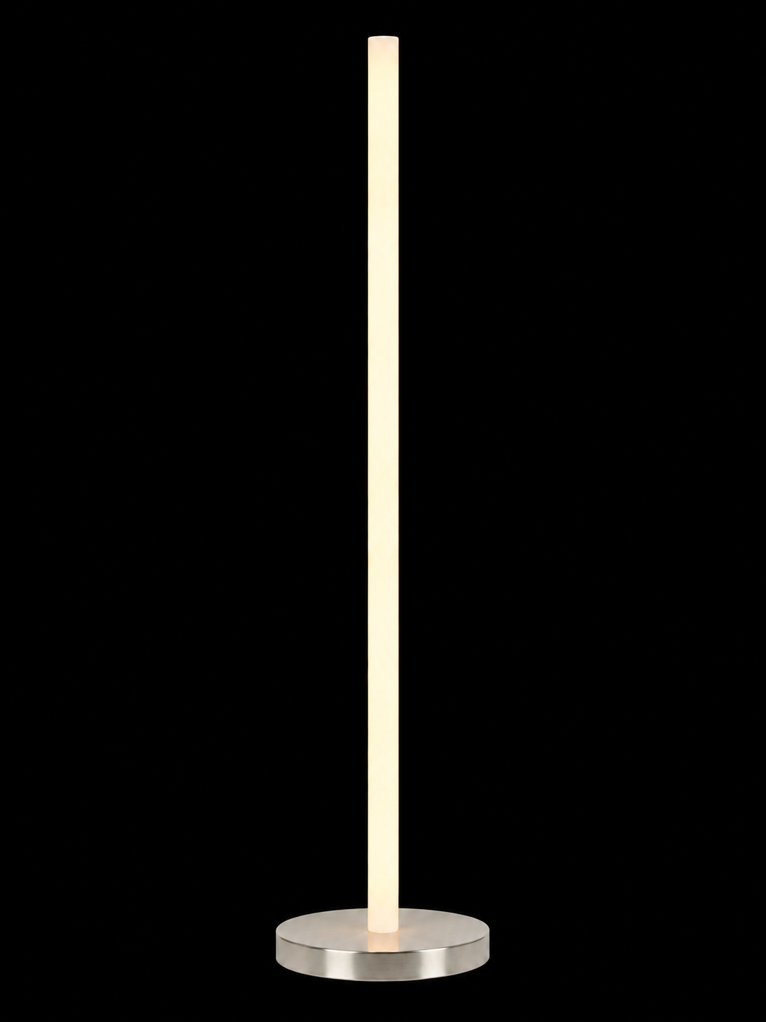 Eldon Trace Column lamp in nickel, a warm white lit column on a round polished nickel disc base.