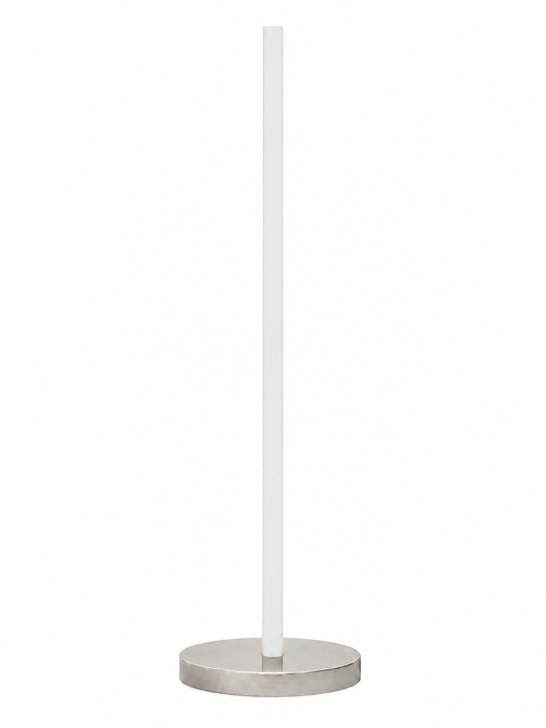 Eldon Trace Column lamp in nickel, a warm white lit column on a round polished nickel disc base.