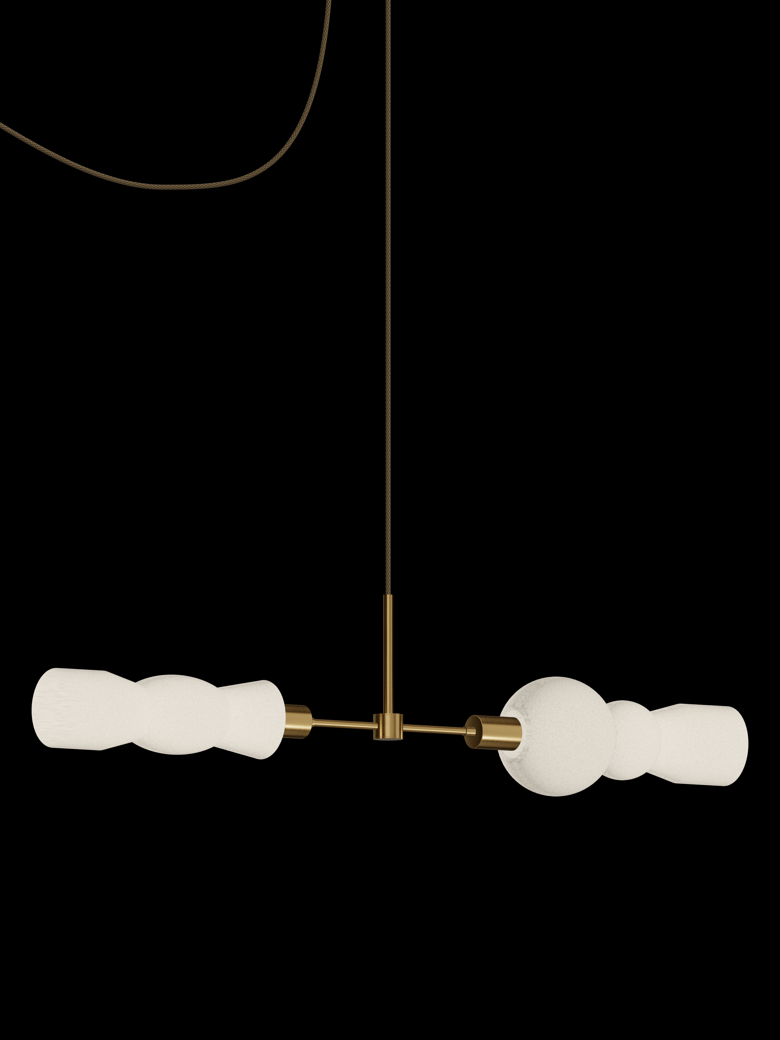 Cord Eavesdropper horizontal pendant with shapes glowing warm white and brass hardware; plug-in version.