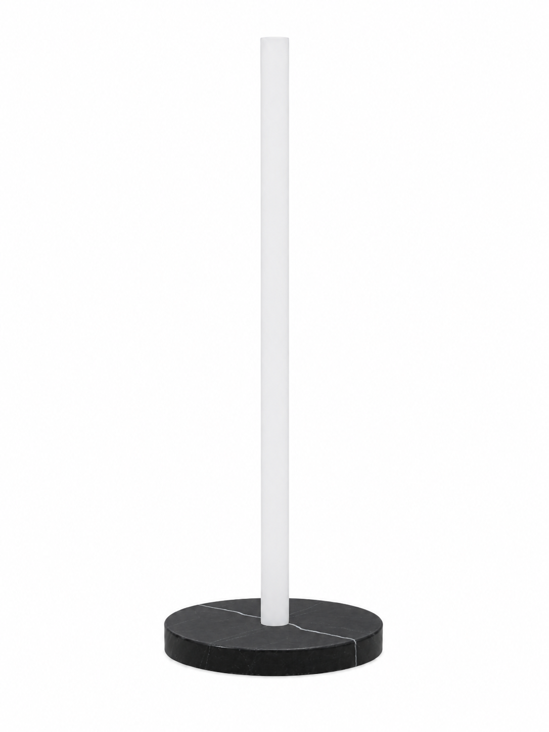 Eldon Trace Column lamp in black marble, a warm white lit column on a round black marble disc base.