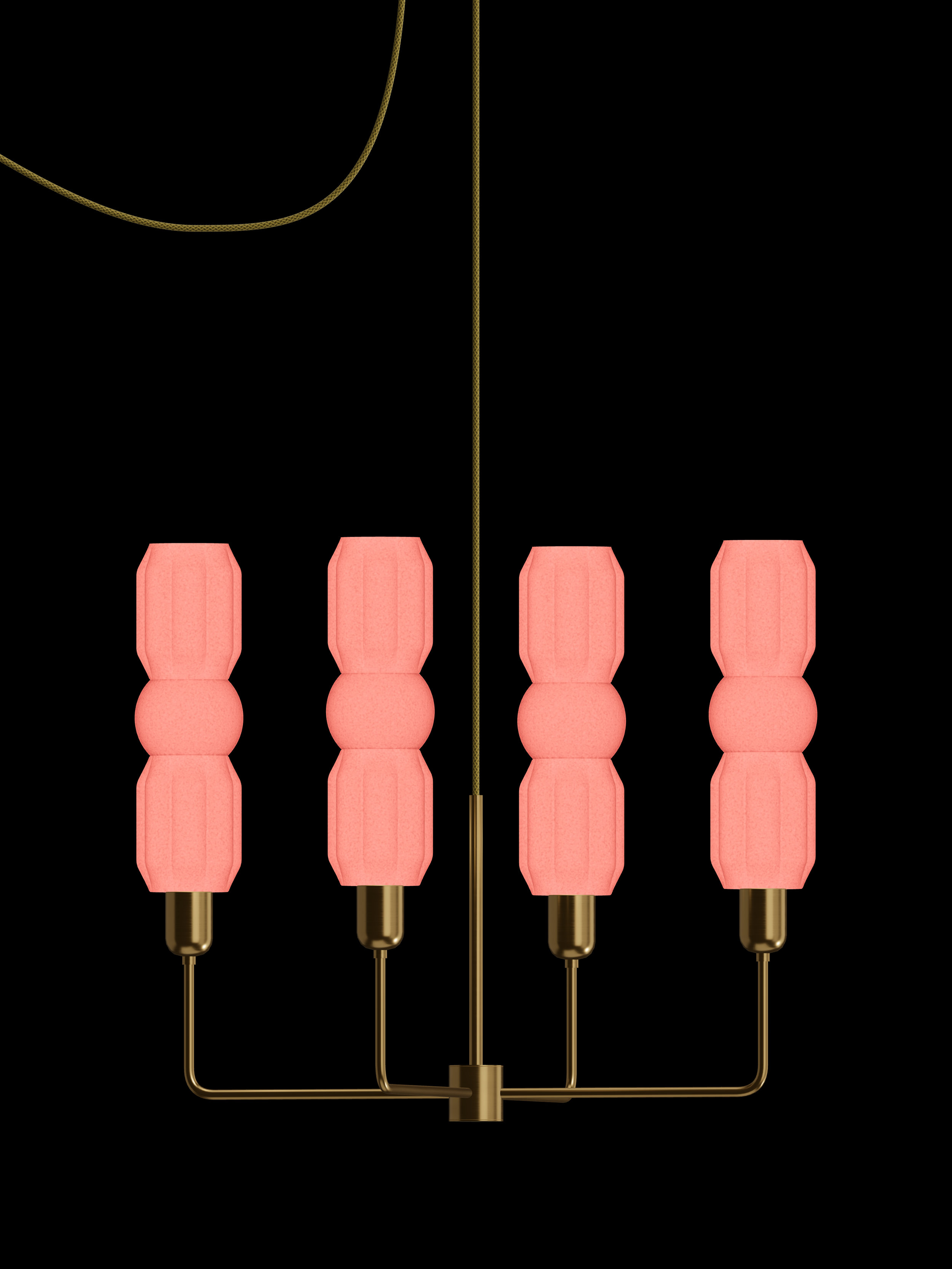 Elaine Auburn four-arm chandelier with shapes glowing coral pink and brass hardware; plug-in version.