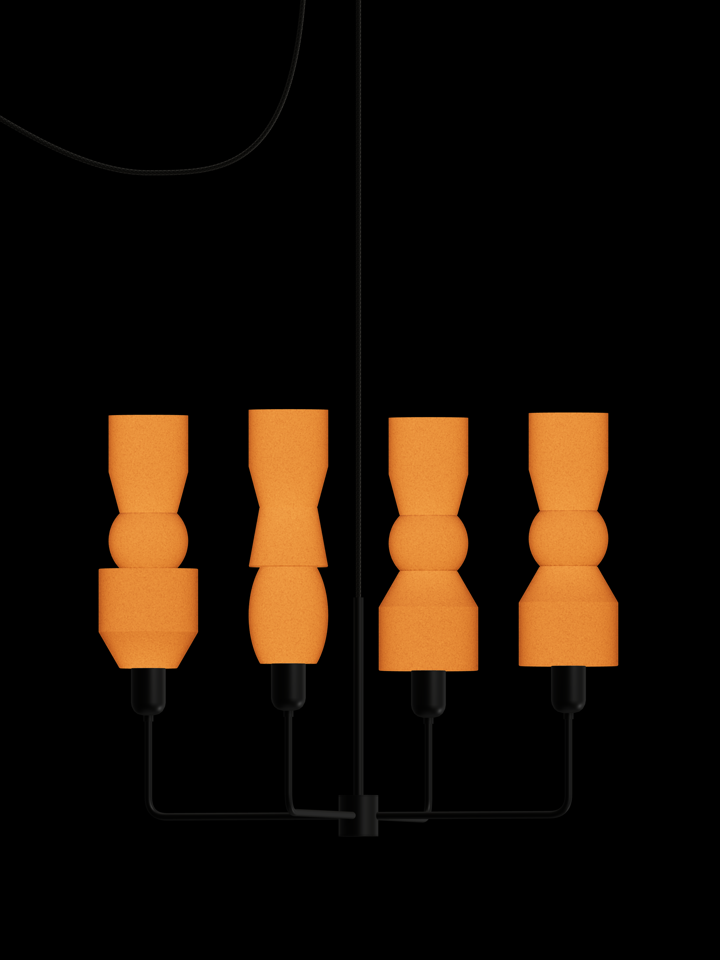 Major Auburn four-arm chandelier with shapes glowing orange and black hardware; plug-in version.