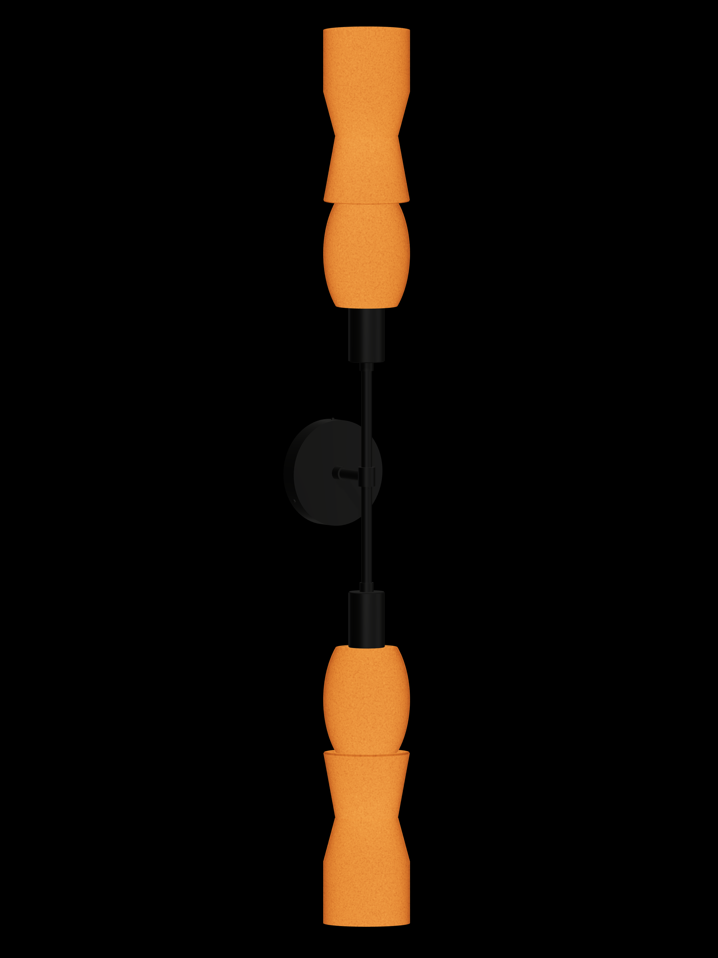 Major Plus One double-ended wall sconce with shapes glowing orange and black hardware; hardwired version.