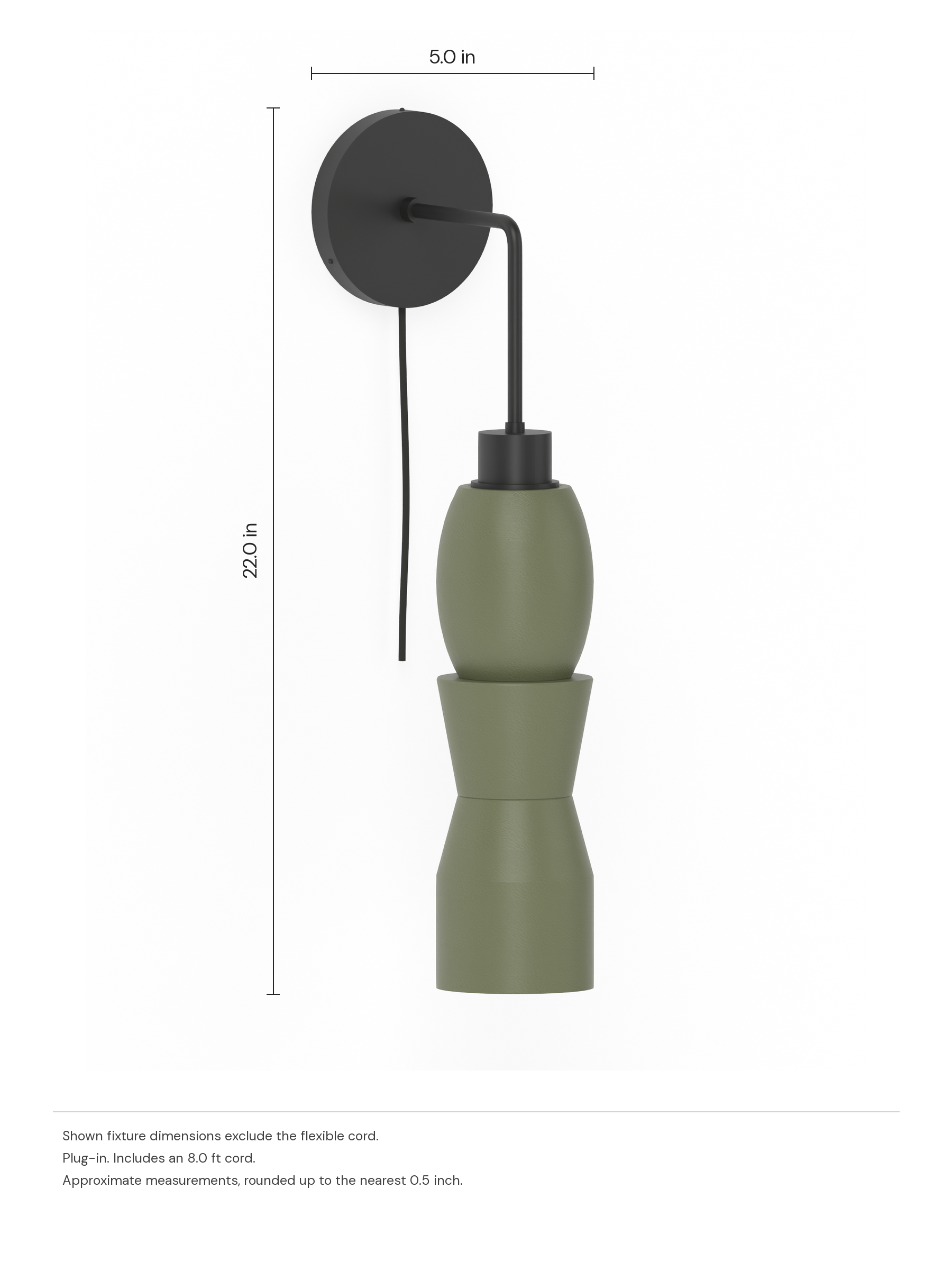 Major Drop Out in Dark Green with black hardware, plug-in. Dimension drawing: 22.0 in high × 5.0 in wide, excluding flexible cords.