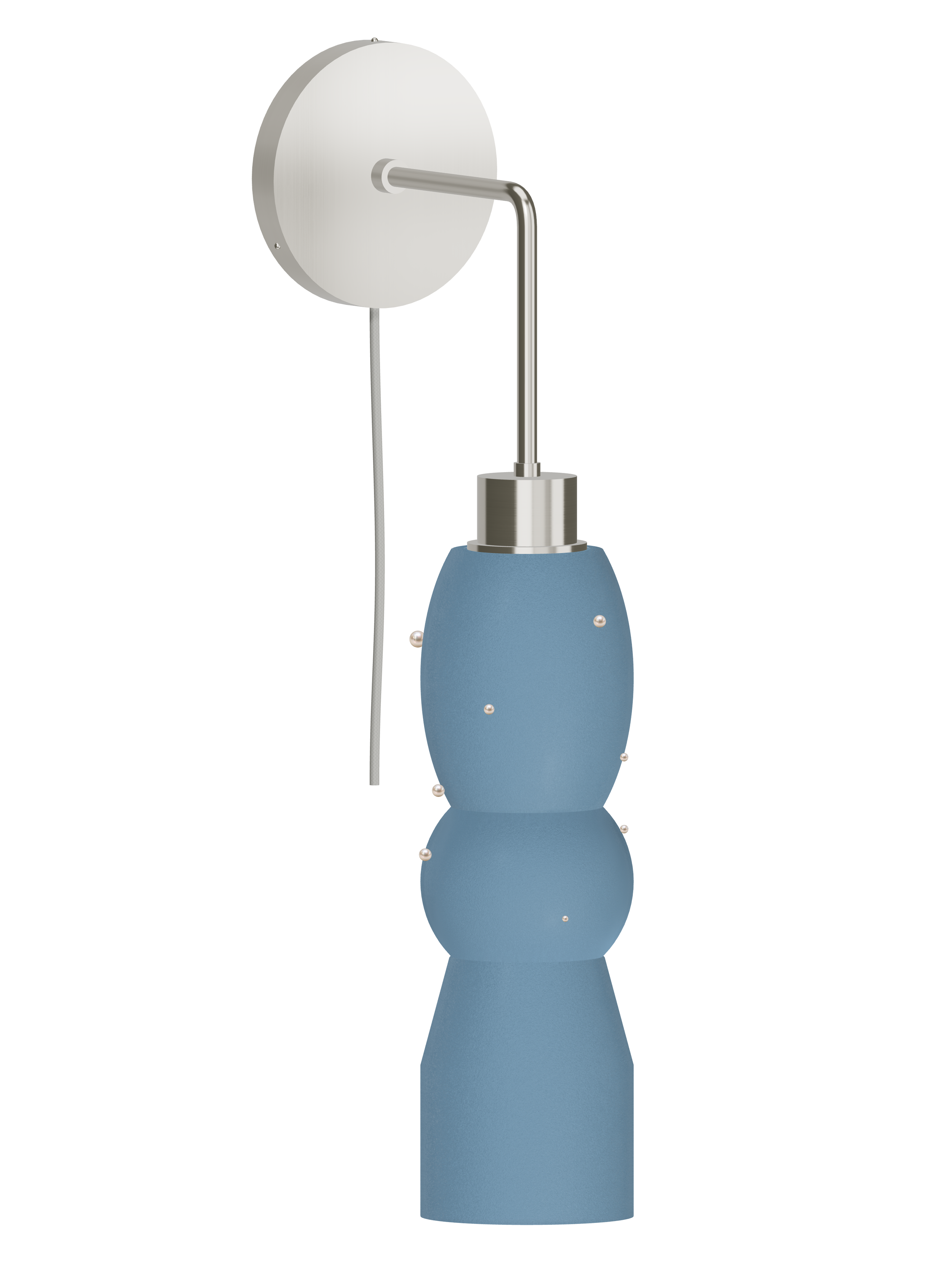 Guest Star Drop Out wall sconce with a hanging stack with blue shapes with pearl details and nickel hardware; plug-in version, light off.