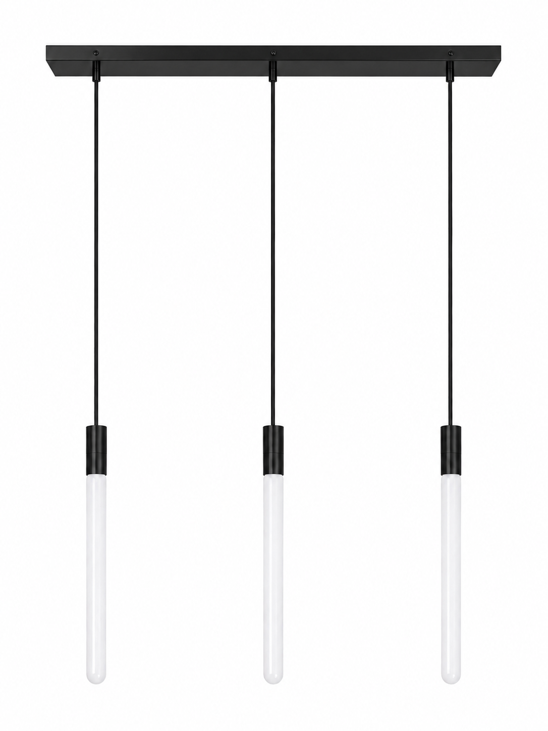 Eldon Trace linear chandelier in brass, three warm white lit columns hanging from a slim brass ceiling bar.